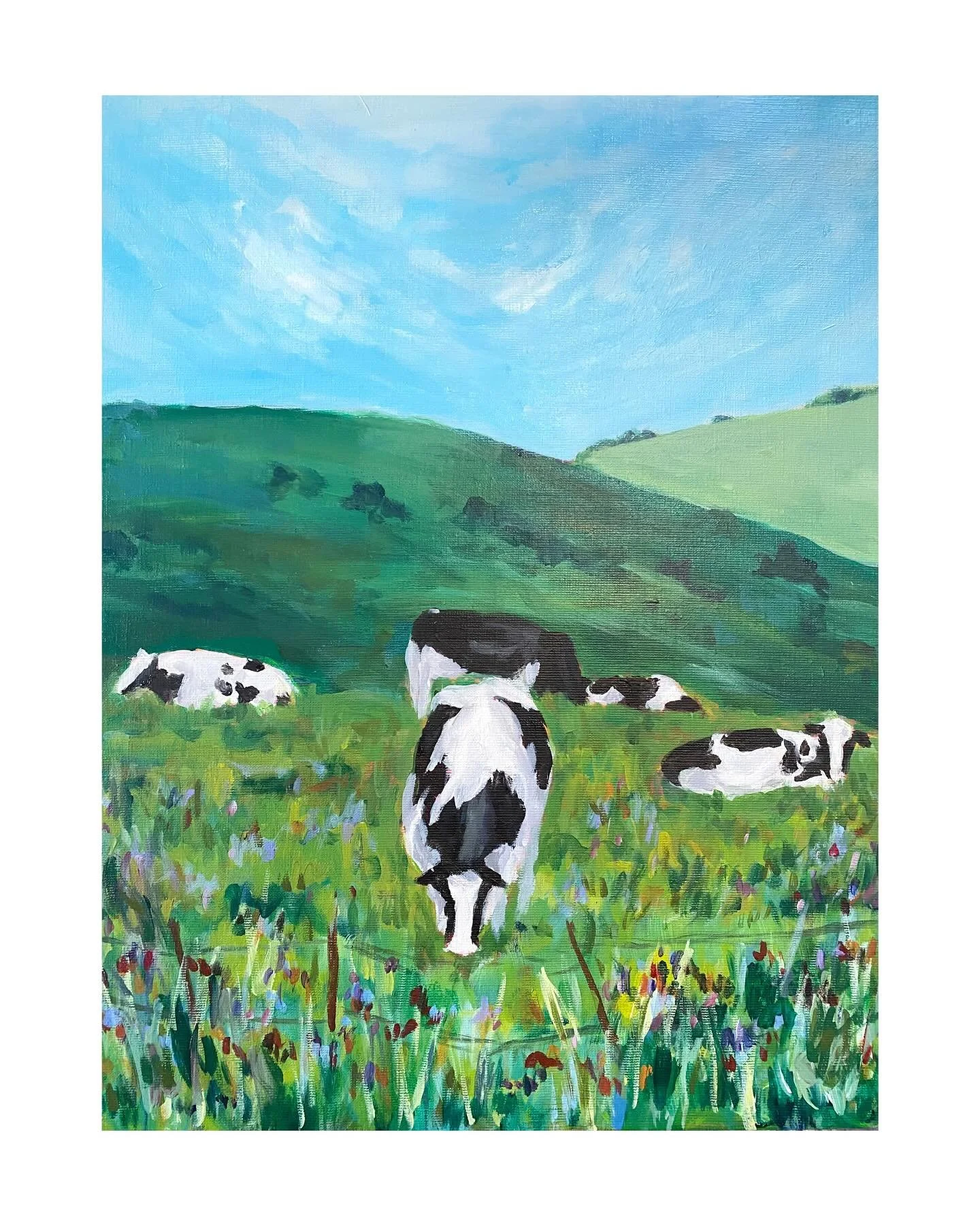 Other than signing, I&rsquo;m finally done with this acrylic painting, which I think I&rsquo;m gonna call &ldquo;Peace, Love, and Happiness.&rdquo; 🐄🖼️🩵🖼️🐄 &hellip;which is what this painting and the location (Nicasio Valley, California) that in
