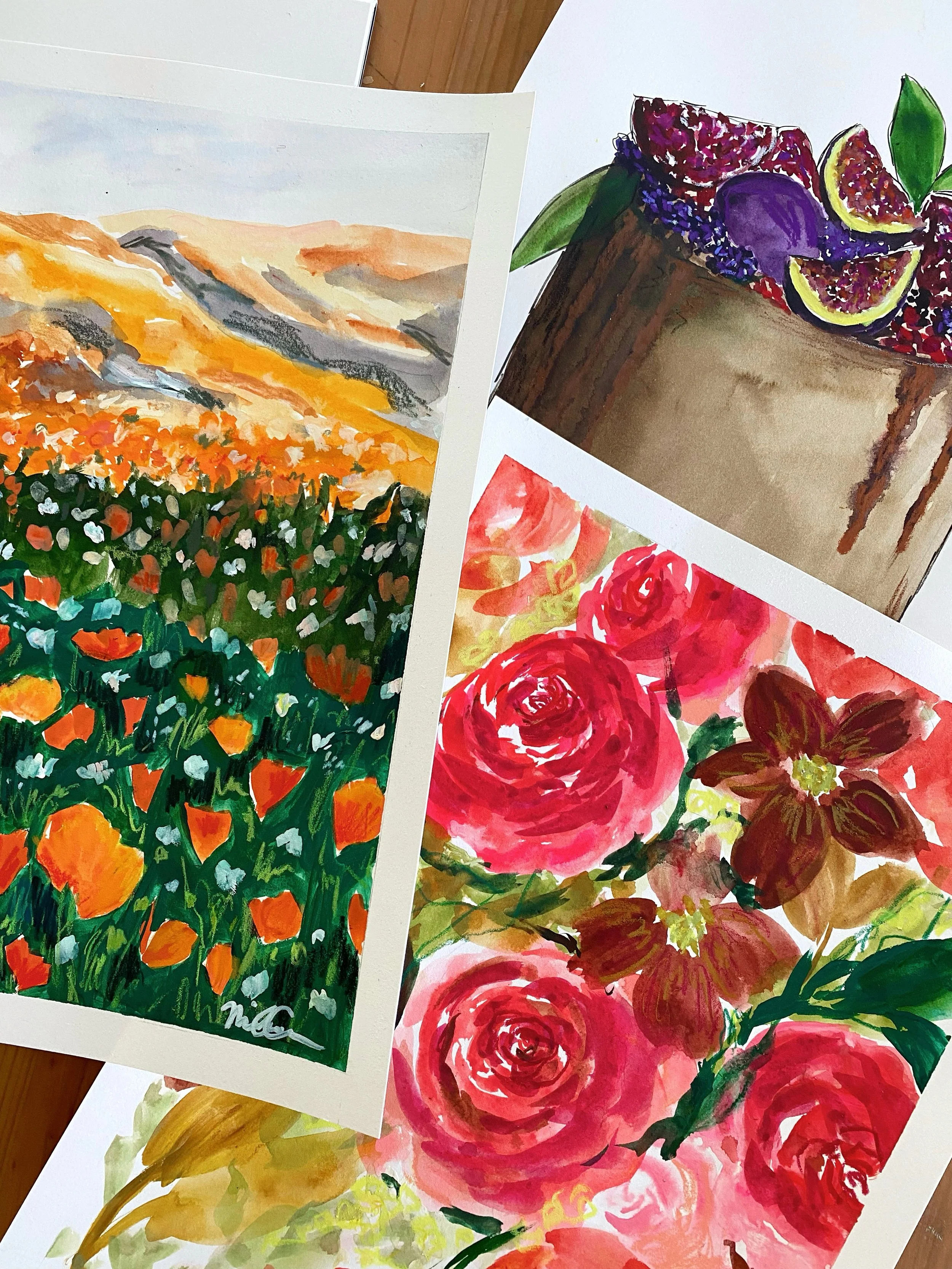 A few of my recent mixed media paintings (gouache, watercolor, and pastels)! As you can tell, I&rsquo;m into painting a variety of subjects, and I like it that way!!🥰 happy summer, y&rsquo;all!!

👩🏻&zwj;🎨 supplies:
paper: archespapers hot press w