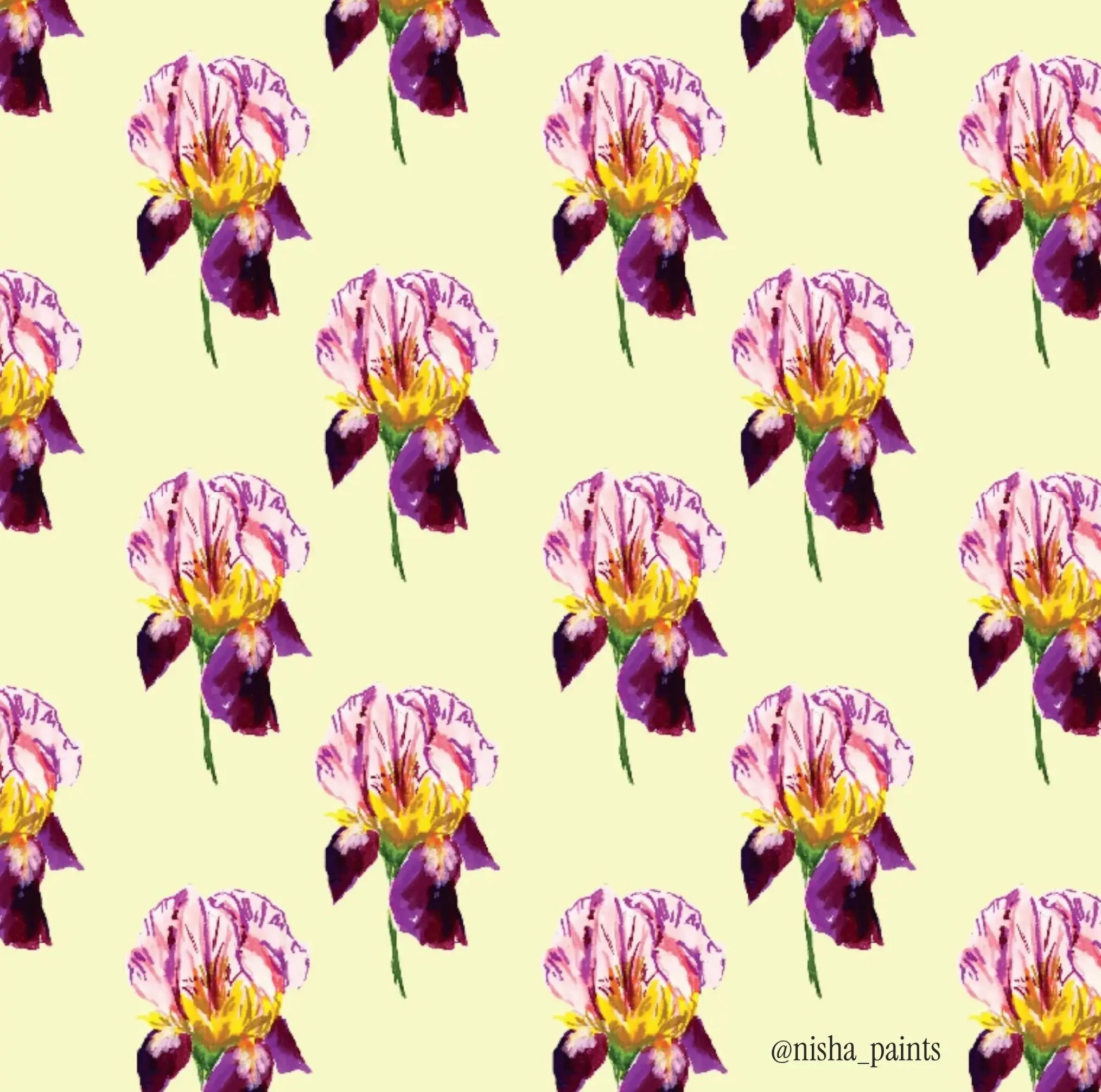 I&rsquo;m finally getting back into pattern design!! I love this Iris pattern with the butter yellow background 🥰 I drew the original flower using @tombowusa dual brush pens (swipe for the inspo photo!) and learned how to make the repeat pattern on 