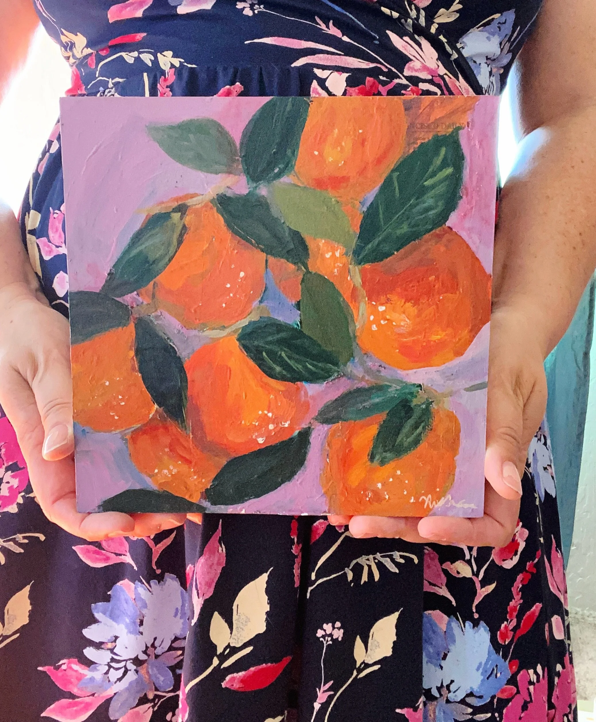 I just realized that I love the way my painting, &ldquo;Orange Oasis,&rdquo; looks with my new dress! 🥰 Orange Oasis hasn&rsquo;t been uploaded to my Etsy shop yet, but it is available!  8x8, acrylic/mixed media on cradled wood, ready to hang on you