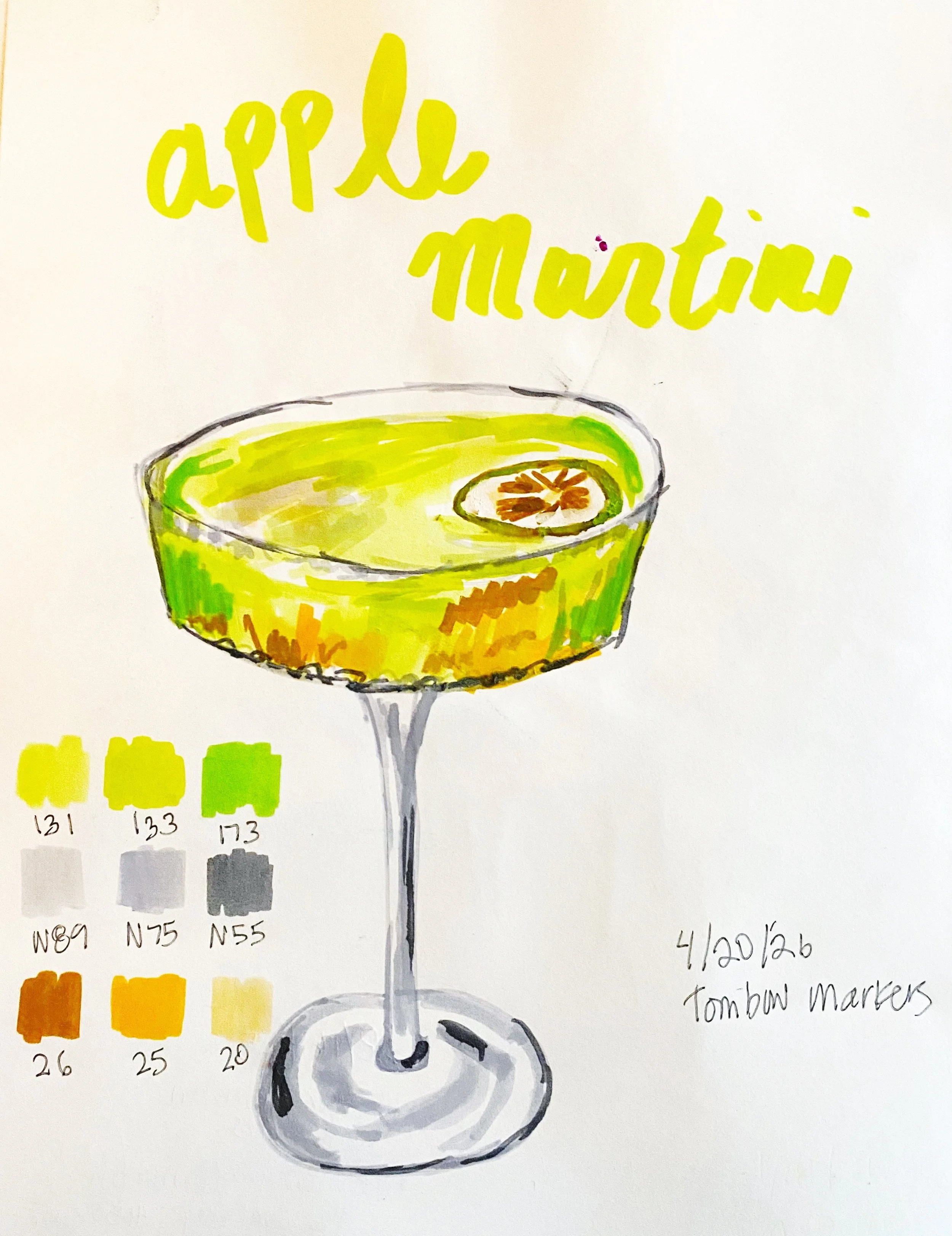Apparently it&rsquo;s &ldquo;National Martini Day.&rdquo; This was the first apple martini I&rsquo;ve ever had, and it was divine! Tasted like a jolly rancher!! 🍏🍸🍏 sketched it with my @tombowusa dual brush markers!
.
.
.
.
#sketchbookpages #apple