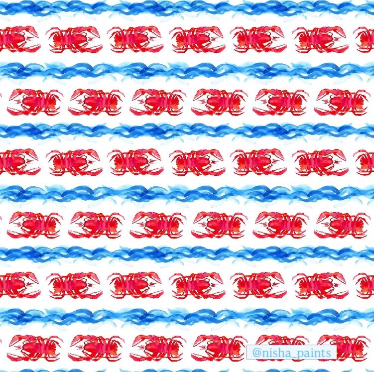 I finally uploaded a bunch of new pattern designs to my Spoonflower shop last night! I&rsquo;m especially proud of this watercolor pattern, &ldquo;Lobster Crawl.&rdquo; It&rsquo;s giving New England&mdash;especially Maine, which holds a special place