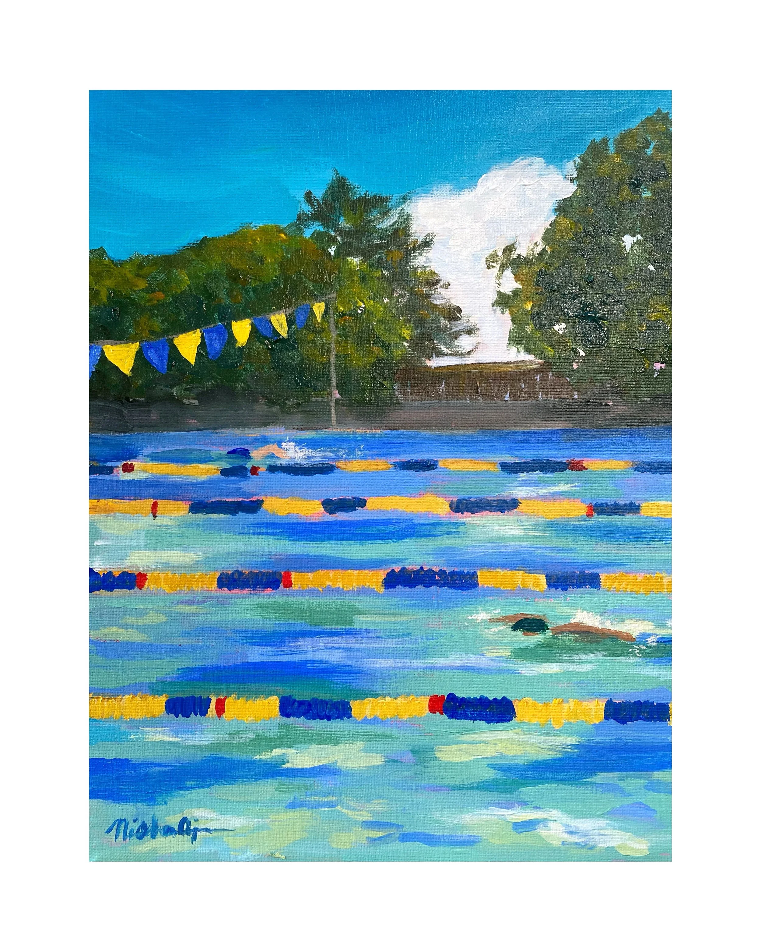 I finished this pool painting last night and sold it last night!! I love it!🏊&zwj;♀️🏊&zwj;♀️🏊&zwj;♀️ prints will be available.  The painting is based on a photo I took (swipe) after a swimming workout in early July. 🌞🩵🏊&zwj;♀️

Earlier this mon