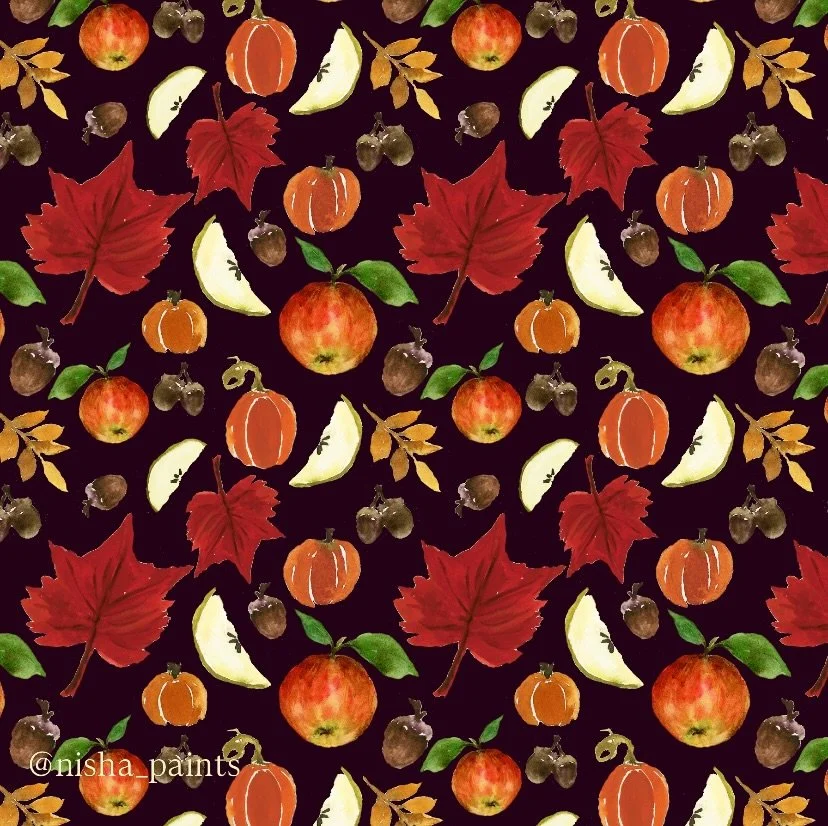 thought it was about time to share a new pattern design!&hellip;just in time for October!!🍁🍎🎃🥧☕️ which background do you like better?? 🍂 ps: this design is available on products in my Spoonflower shop&mdash;follow link in bio!! I think this desi