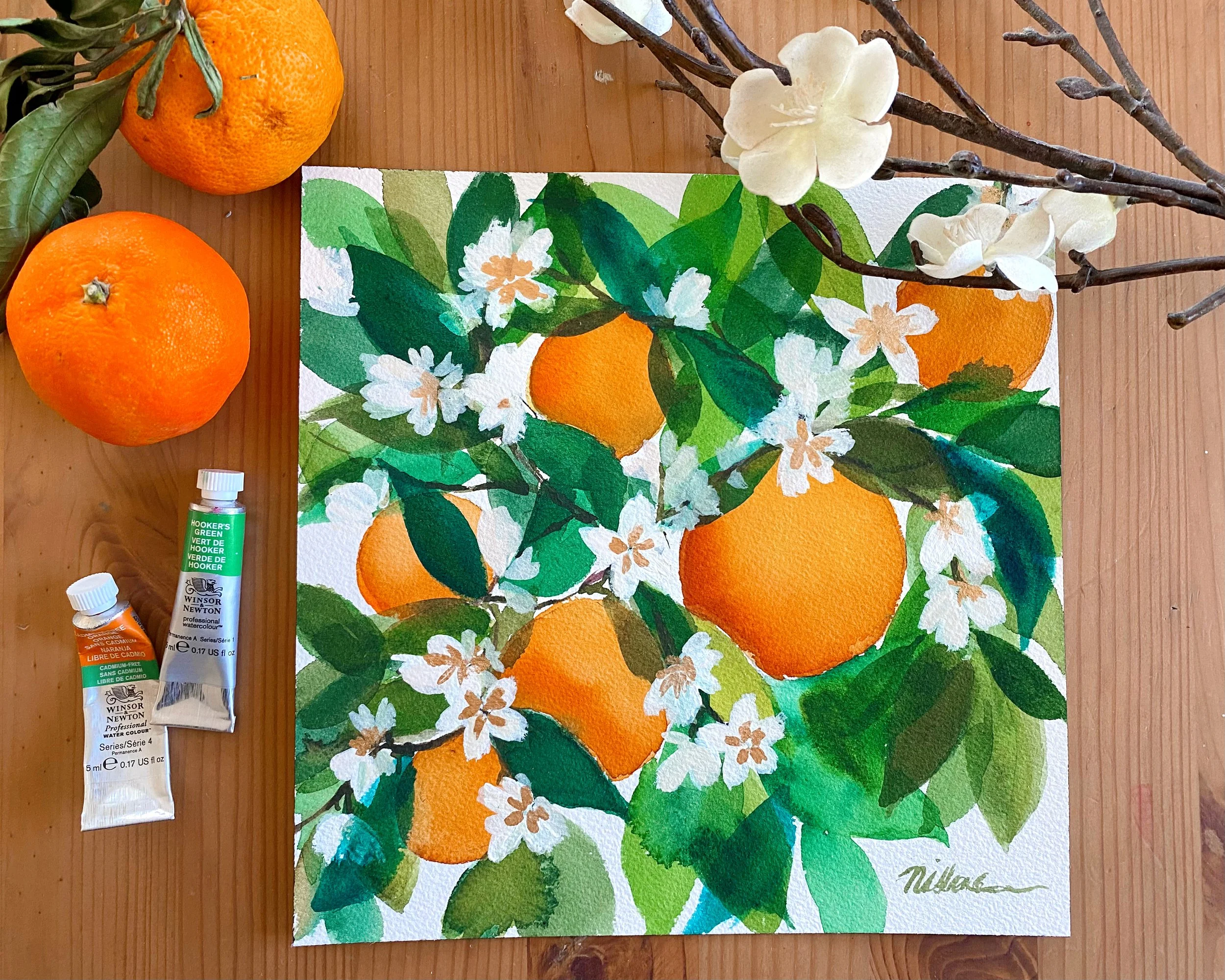 Orange blossoms. Orange tree painting. Original watercolor. Citrus artwork