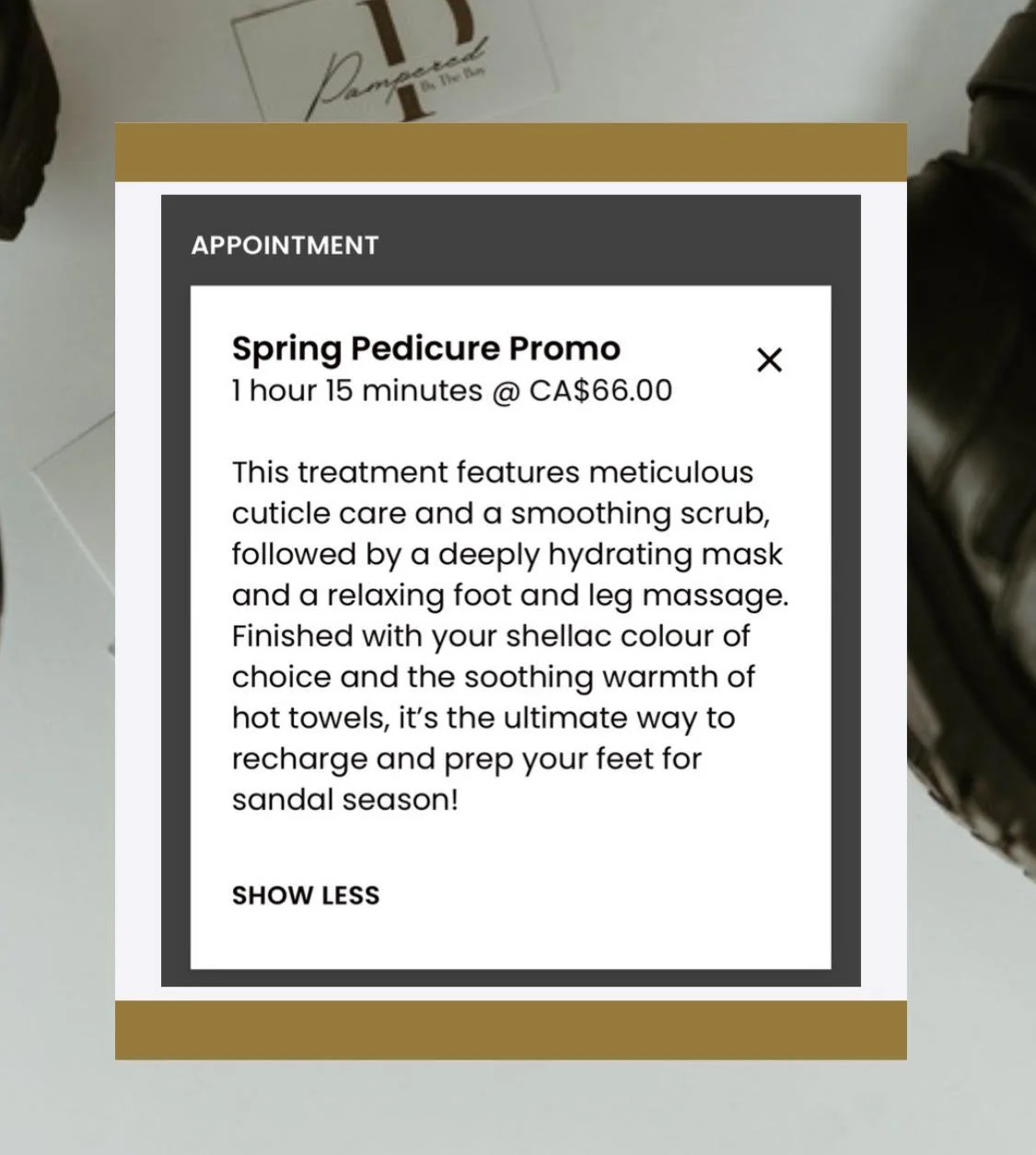 Pedicure Promo for spring and summer in muskoka. Discounted Pedi for fresh new feet with shellac polish