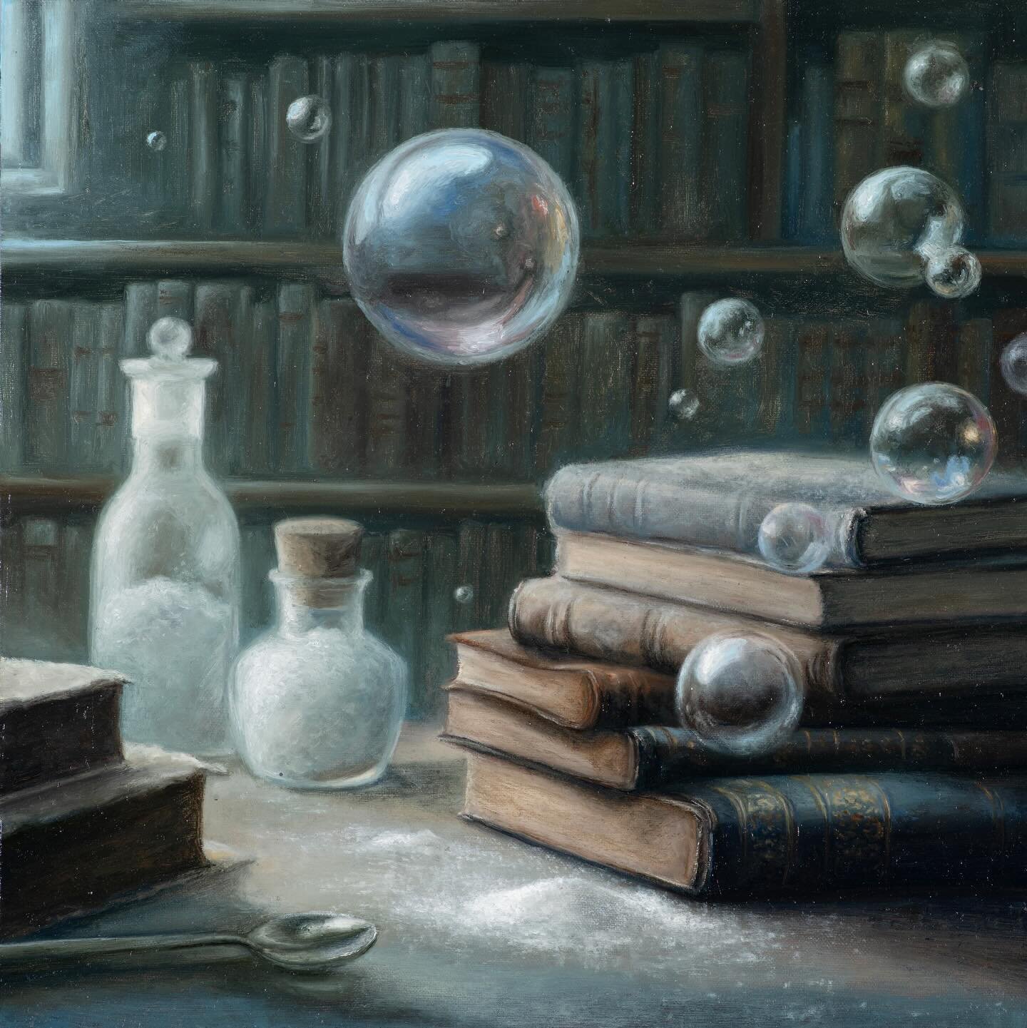 ✧ &ldquo;Bitter Research&rdquo; 12x12 oil on linen mounted birch 
__________
#oilpainting #bookart #literature #artmajor #bookpainting #bubblepainting #smellingsalt #libraryart