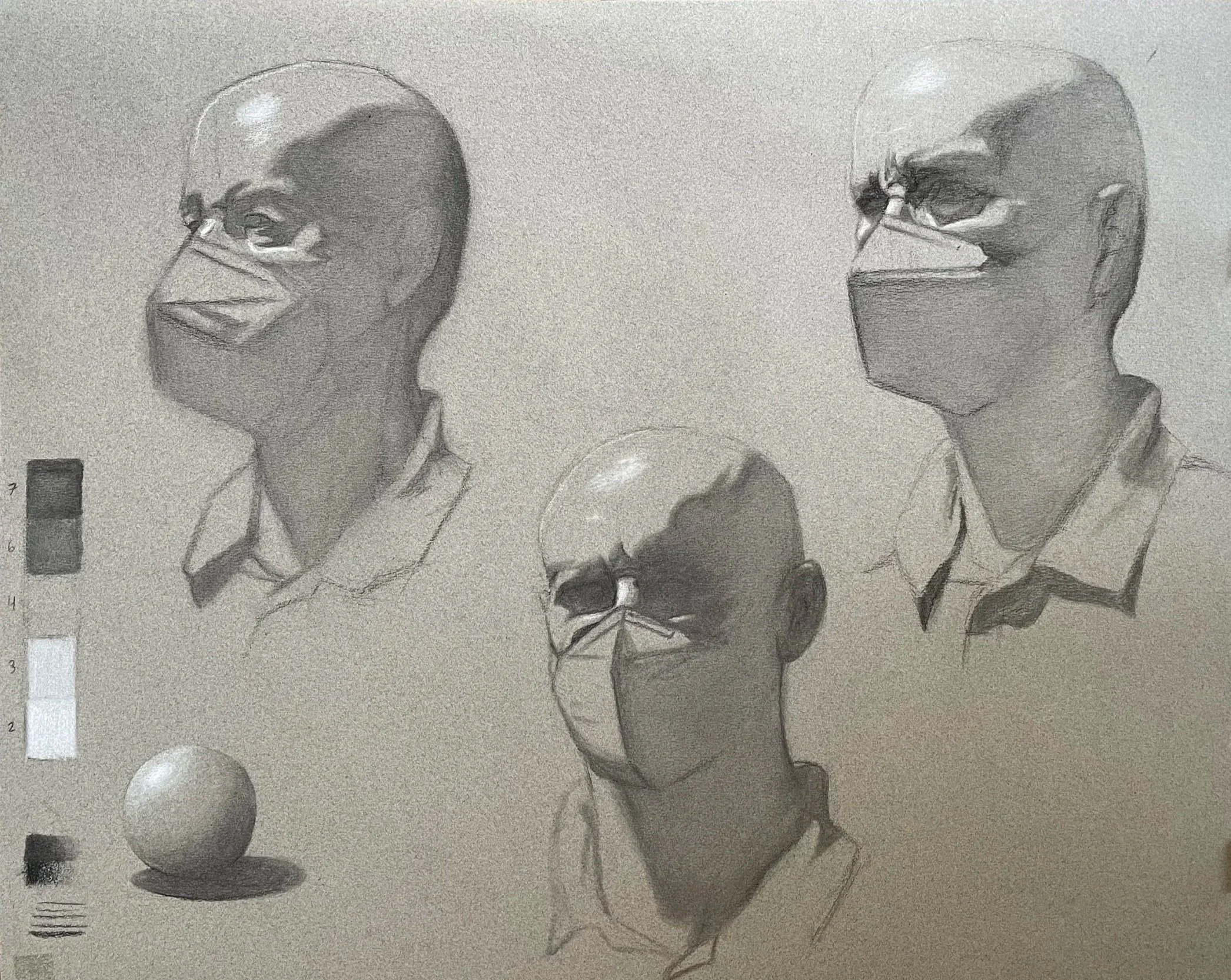 Head Drawing Studies from life (18x24, 2021) charcoal on paper 
