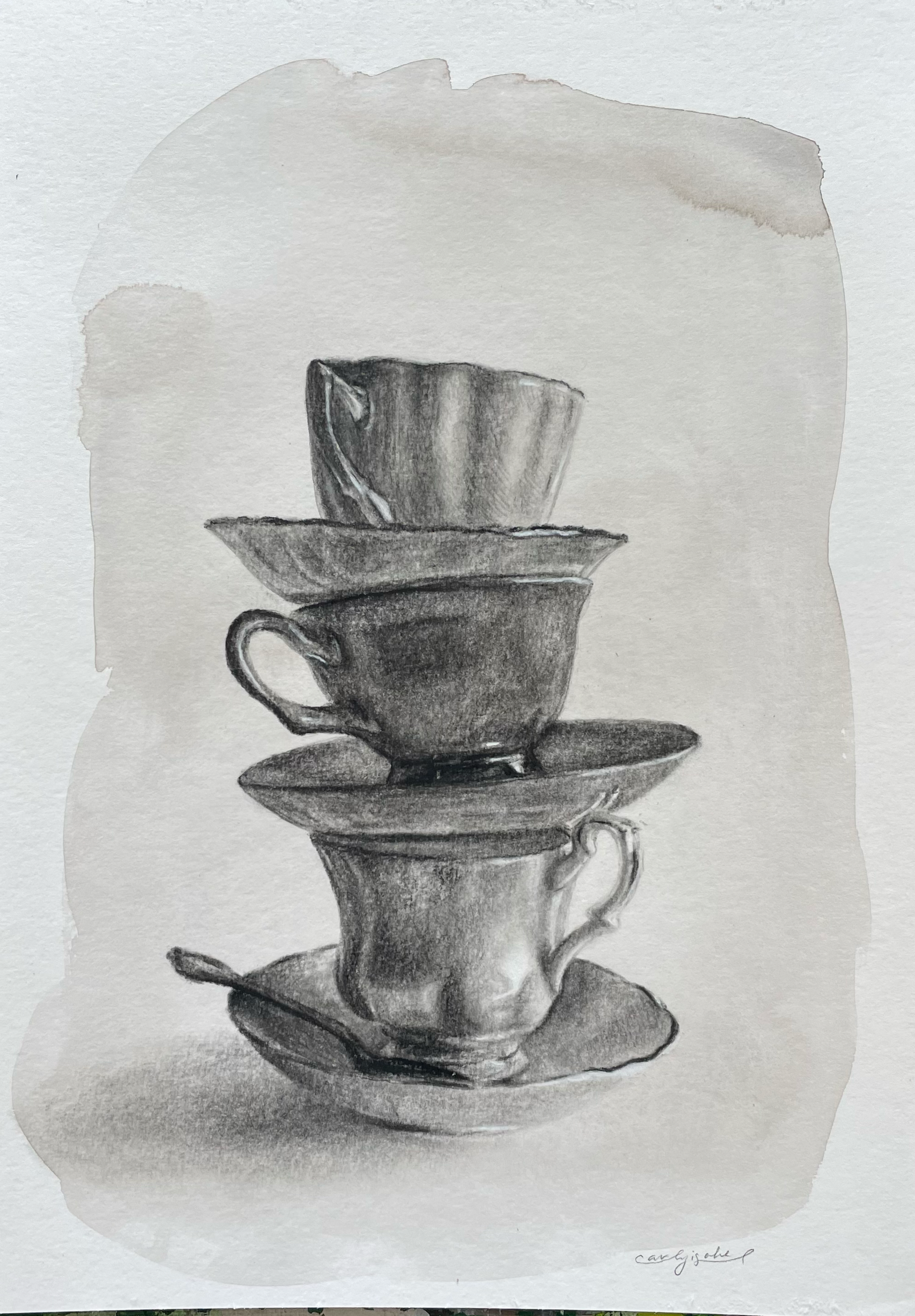 Teacup Stack Study (9x12, 2025) charcoal and watercolor on paper  *SOLD 