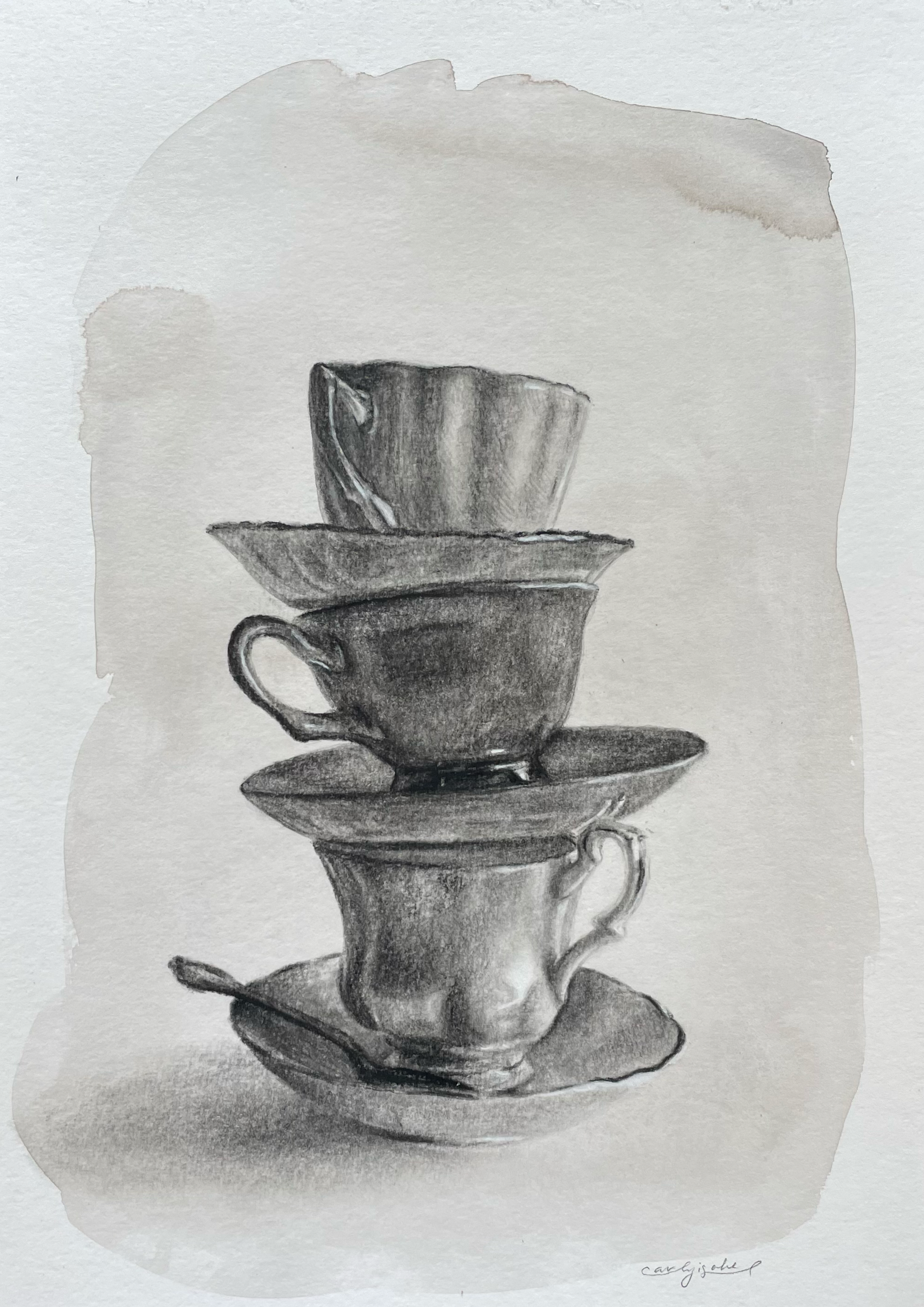 Teacup Stack Study (9x12, 2025) charcoal and watercolor on paper  *SOLD 
