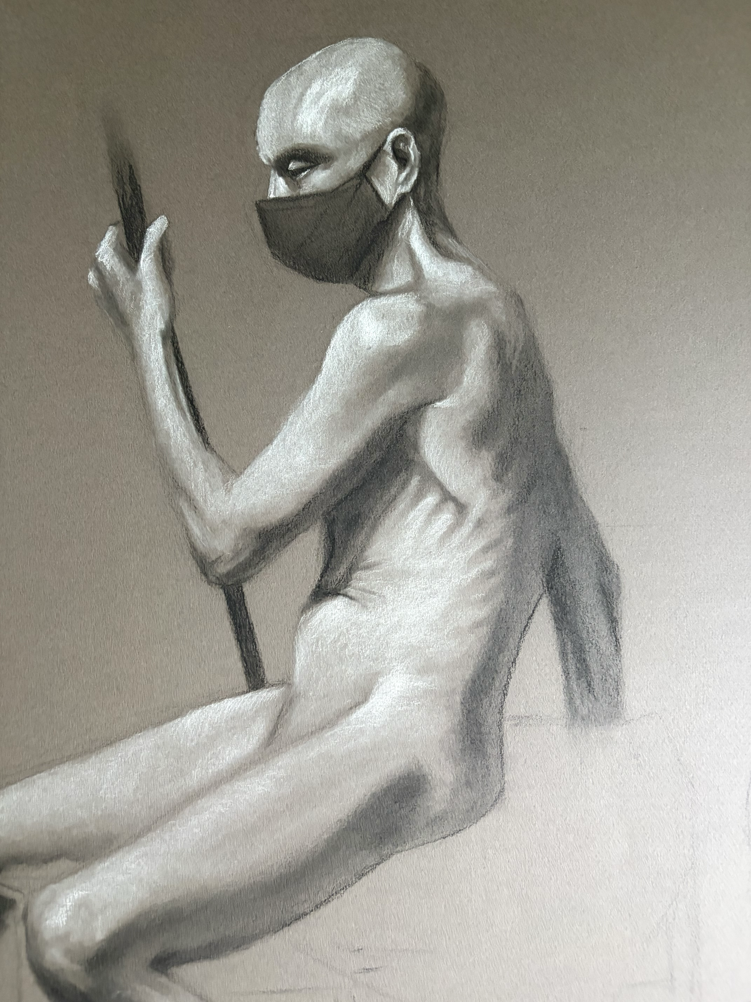 6 hour Male Life Drawing (18x24, 2022) charcoal on toned paper 