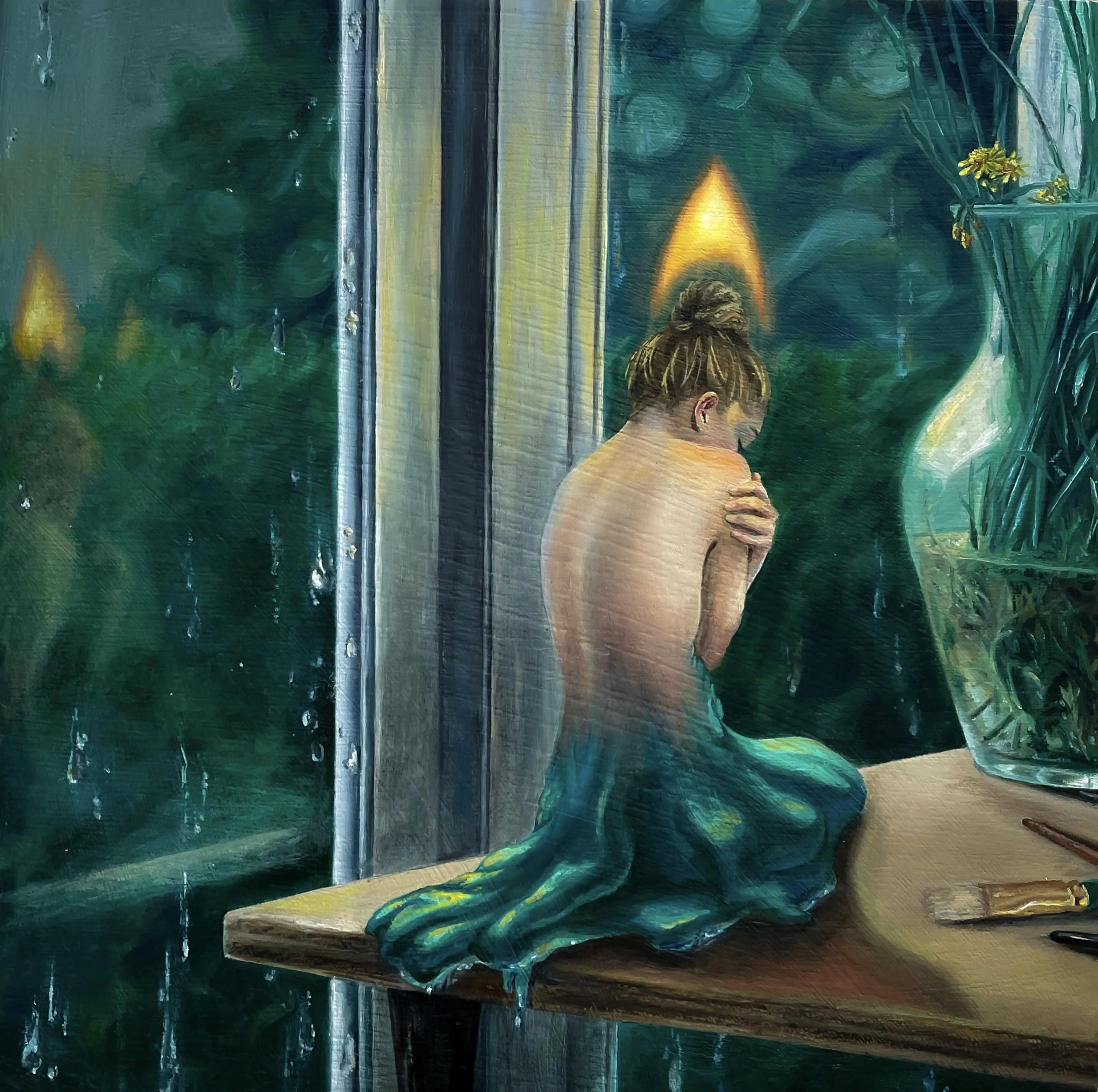 The Last Flicker, 12x12 oil on wood (2023)