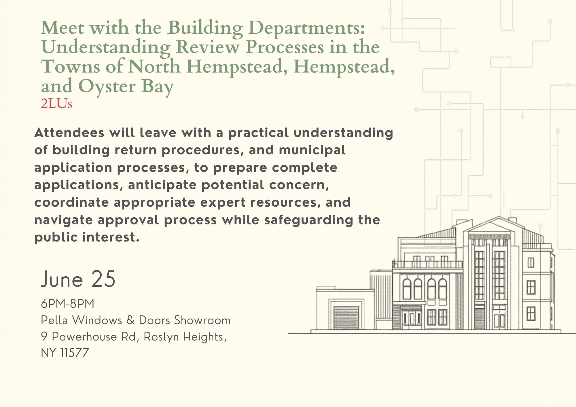 "Meet with the Building Departments: Understanding Review Processes in the Towns of North Hempstead, Hempstead, and Oyster Bay" 2LUs