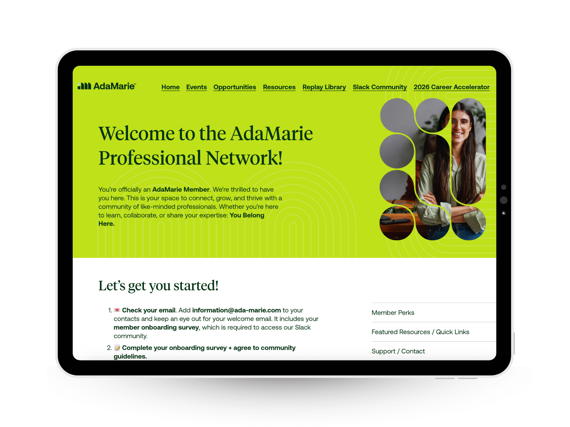 A tablet computer screen displaying the AdaMarie professional network homepage with a bright green background, menu options, an introductory message, and a photo of a smiling woman with long dark hair and glasses.