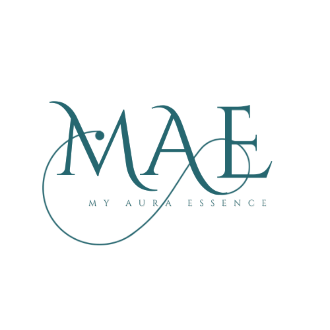 Logo with stylized letters "MAE" and text "My Aura Essence" beneath it.