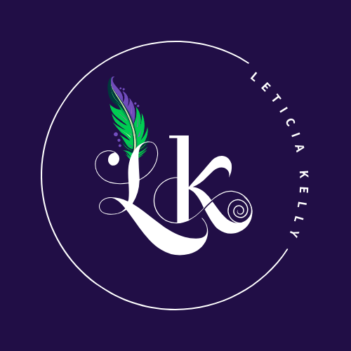 Elegant purple logo with initials 'Lk' decorated with a green and purple feather, encircled by the name 'Leticia Kelly'.