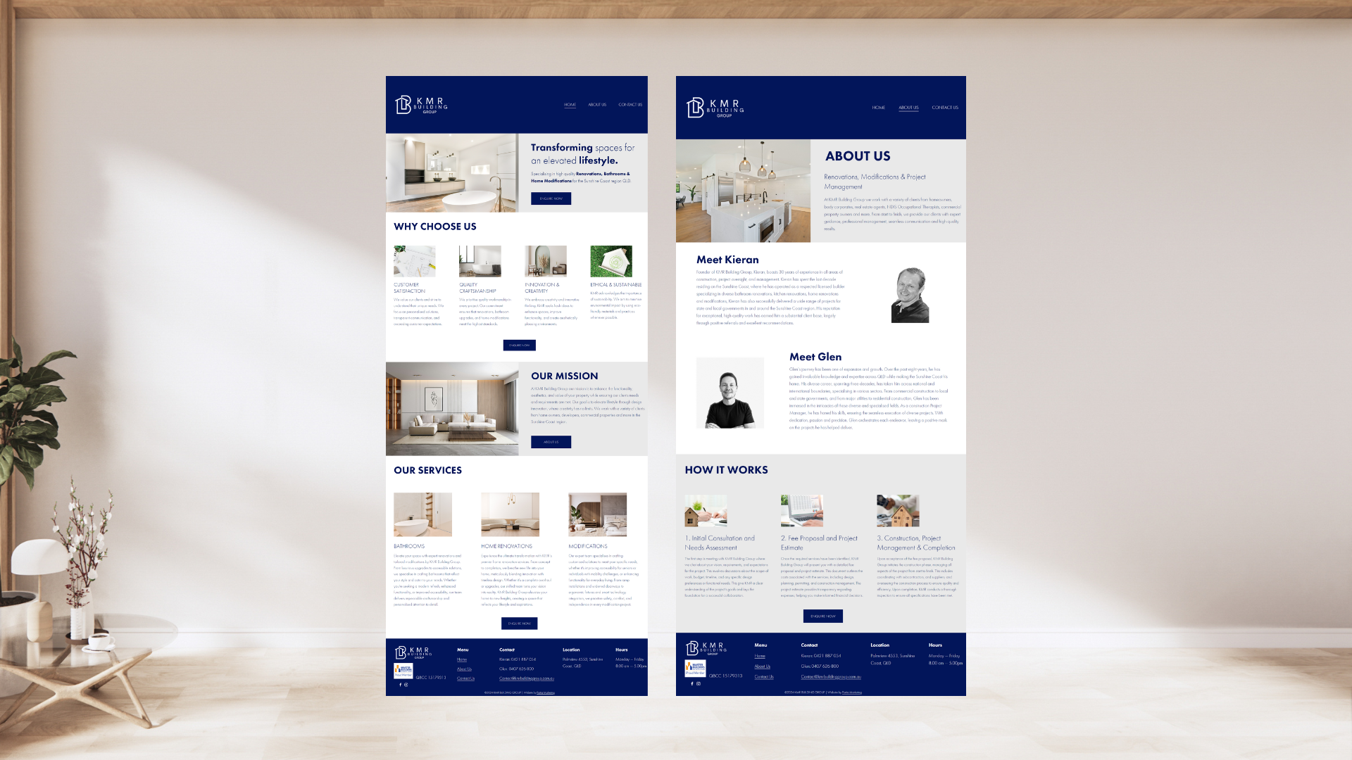 Two wall-mounted posters displaying information about a remodeling company, KMR Building Group, featuring sections on services, mission, and staff introductions, with images of home interiors.