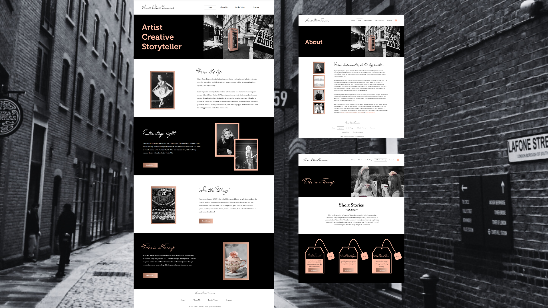 Web page mockups displaying an artist and storyteller themed website, featuring sections for biography, creative works, and short stories, with a black and peach color scheme overlaying a grayscale street background.