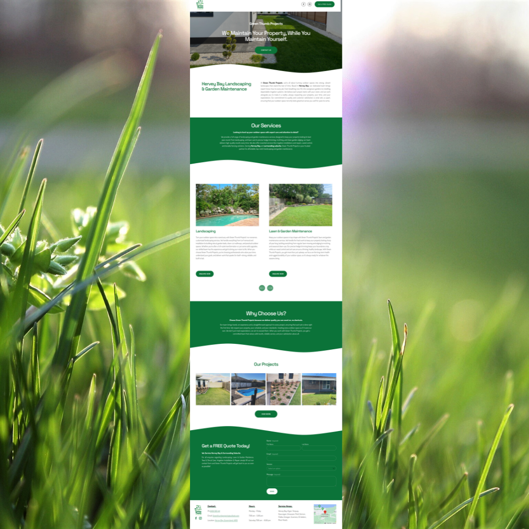 Website design showcasing landscaping and garden maintenance services, featuring service descriptions, project images, and a contact form, set against a blurred grass background.