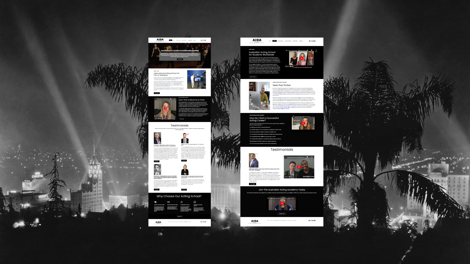 Two website screenshots on a Hollywood background with palm trees and lights.