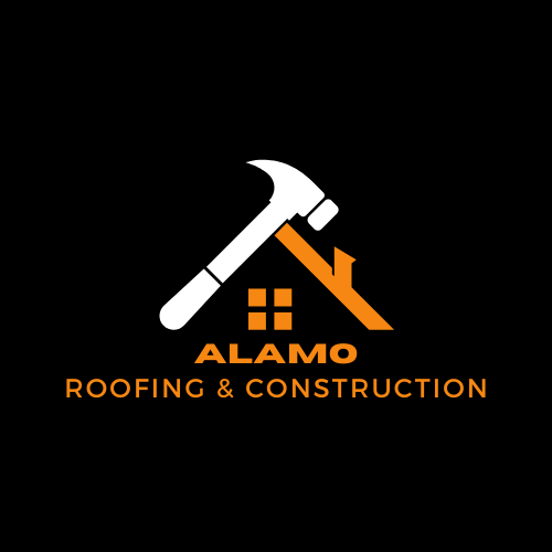 Logo featuring a hammer and roof design with the words "ALAMO Roofing & Construction" in orange text on a black background.