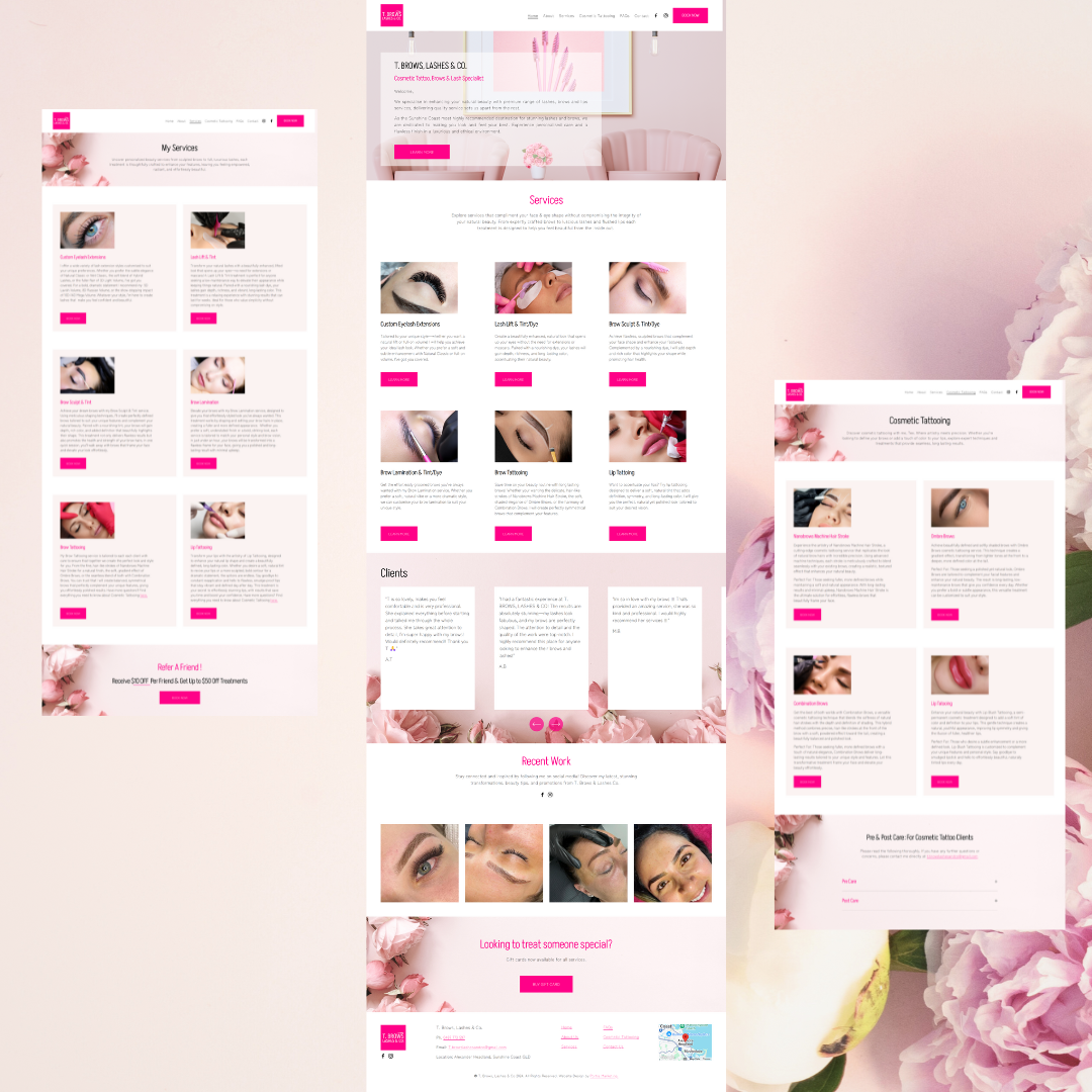 Beauty salon website design showcasing services like microblading, brow tinting, and lash extensions with images and descriptions. Includes client testimonials, recent work gallery, and contact information on a pink floral background.