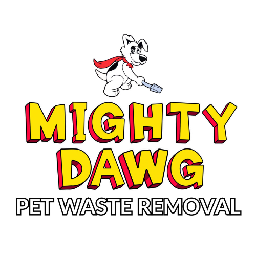 Cartoon dog with red cape above text 'Mighty Dawg Pet Waste Removal'.