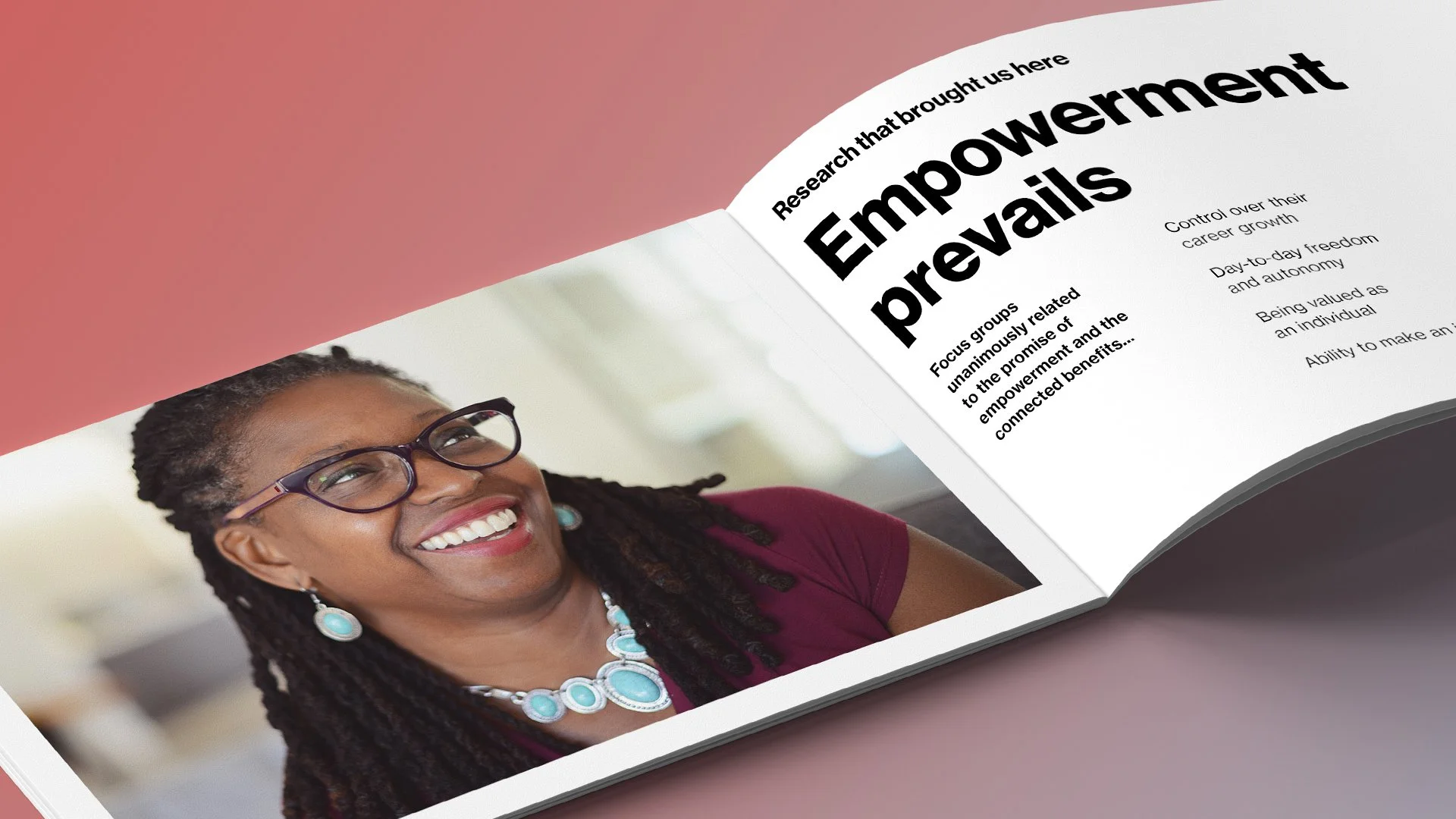 Open magazine featuring a smiling woman with glasses and jewelry, alongside an article titled "Research that brought us here: Empowerment provides control over career growth, freedom, and autonomy."