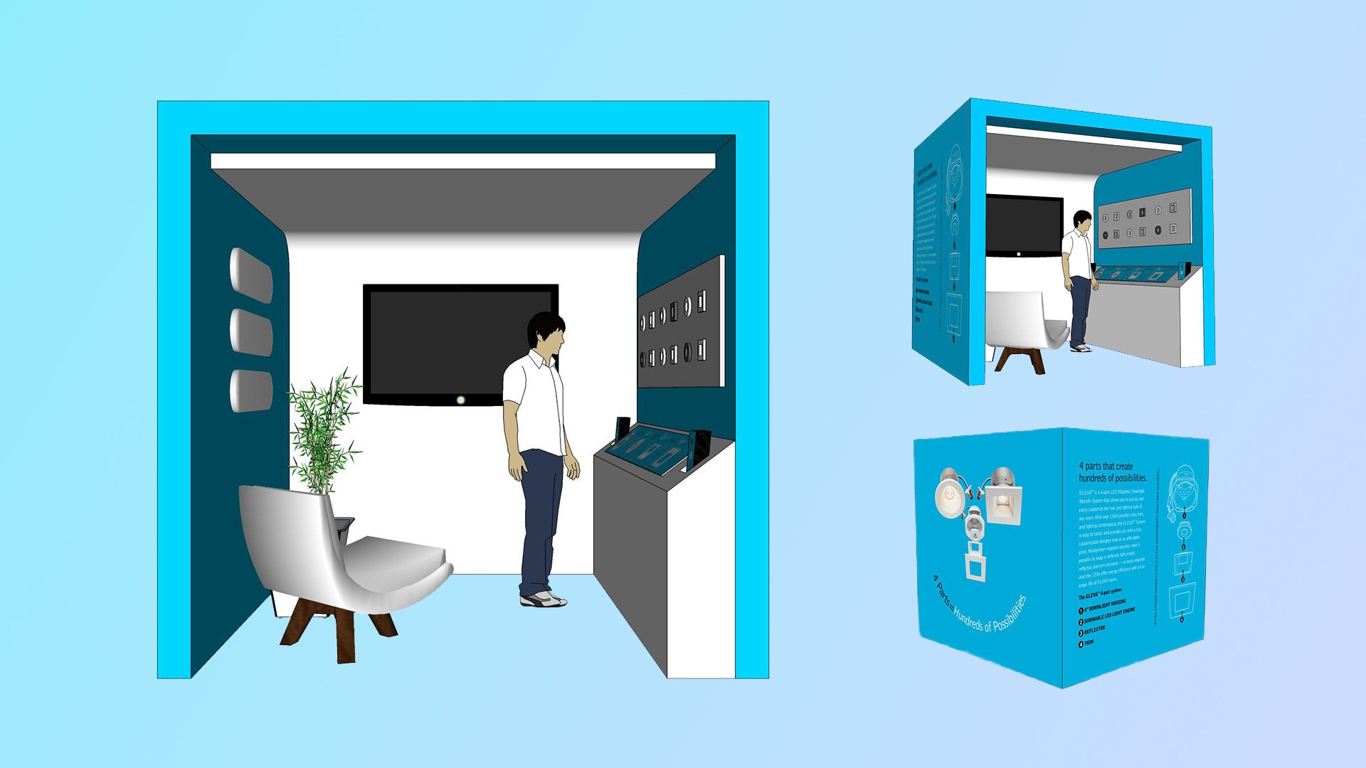 A digital illustration of a small modern exhibit or booth featuring technology and interior design. It includes a seating area, a plant, a large screen, and a display with options behind a person interacting with the exhibit.