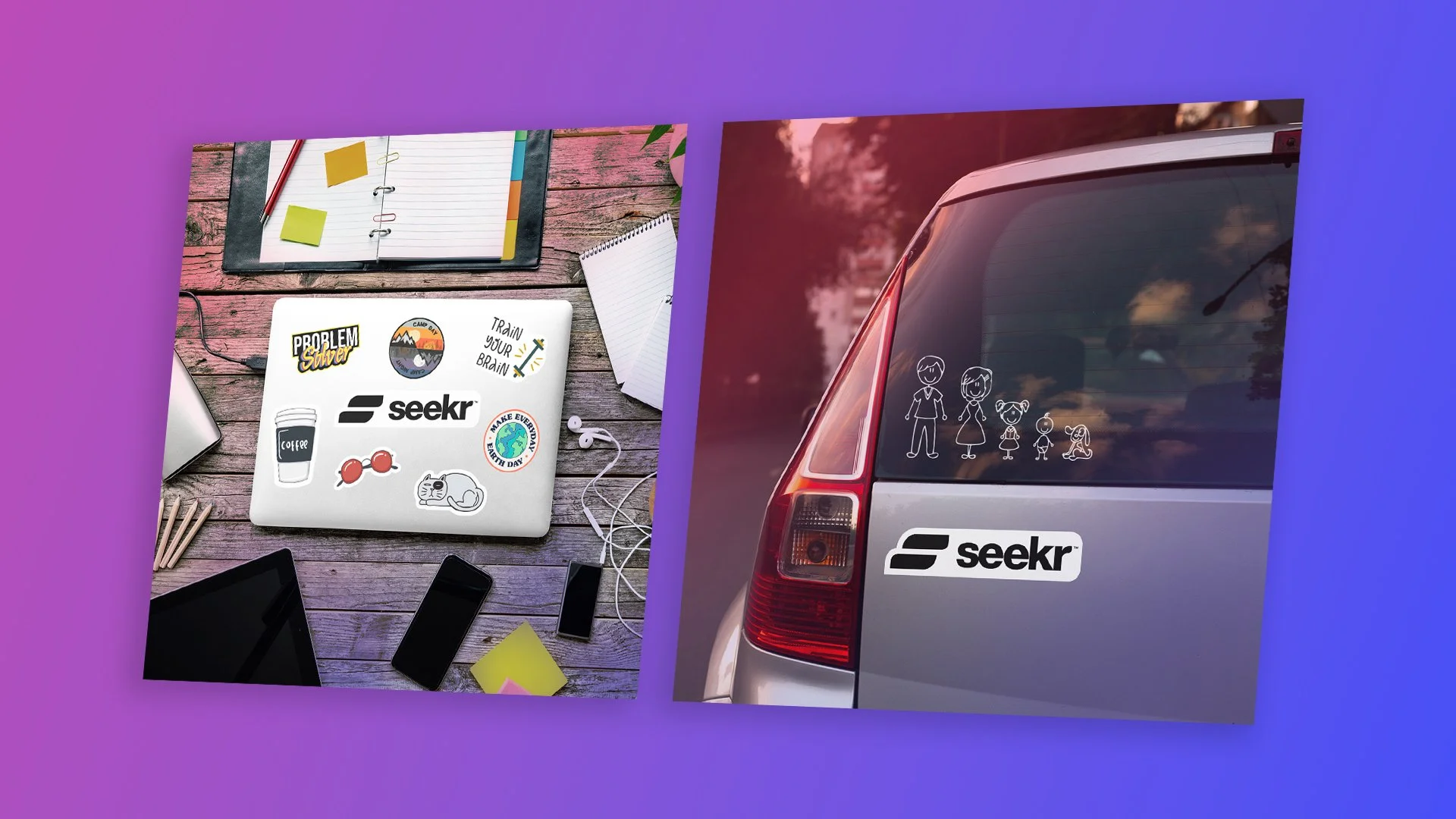 Side view of a silver car with white line drawings of a family and a Seekr logo on the rear window, with trees and sky reflected in the glass.