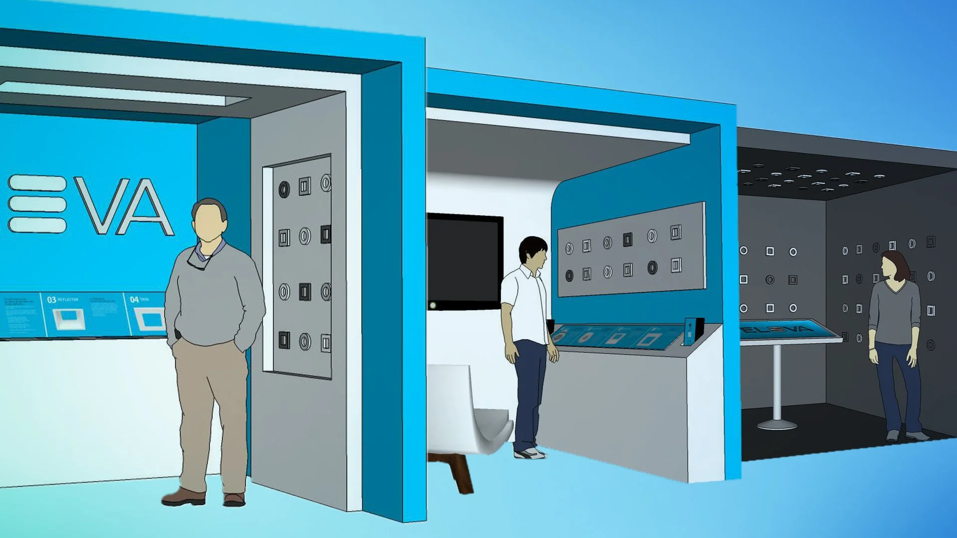 Illustration of an exhibition booth showcasing electronic components and displays, with three people interacting with the exhibits.