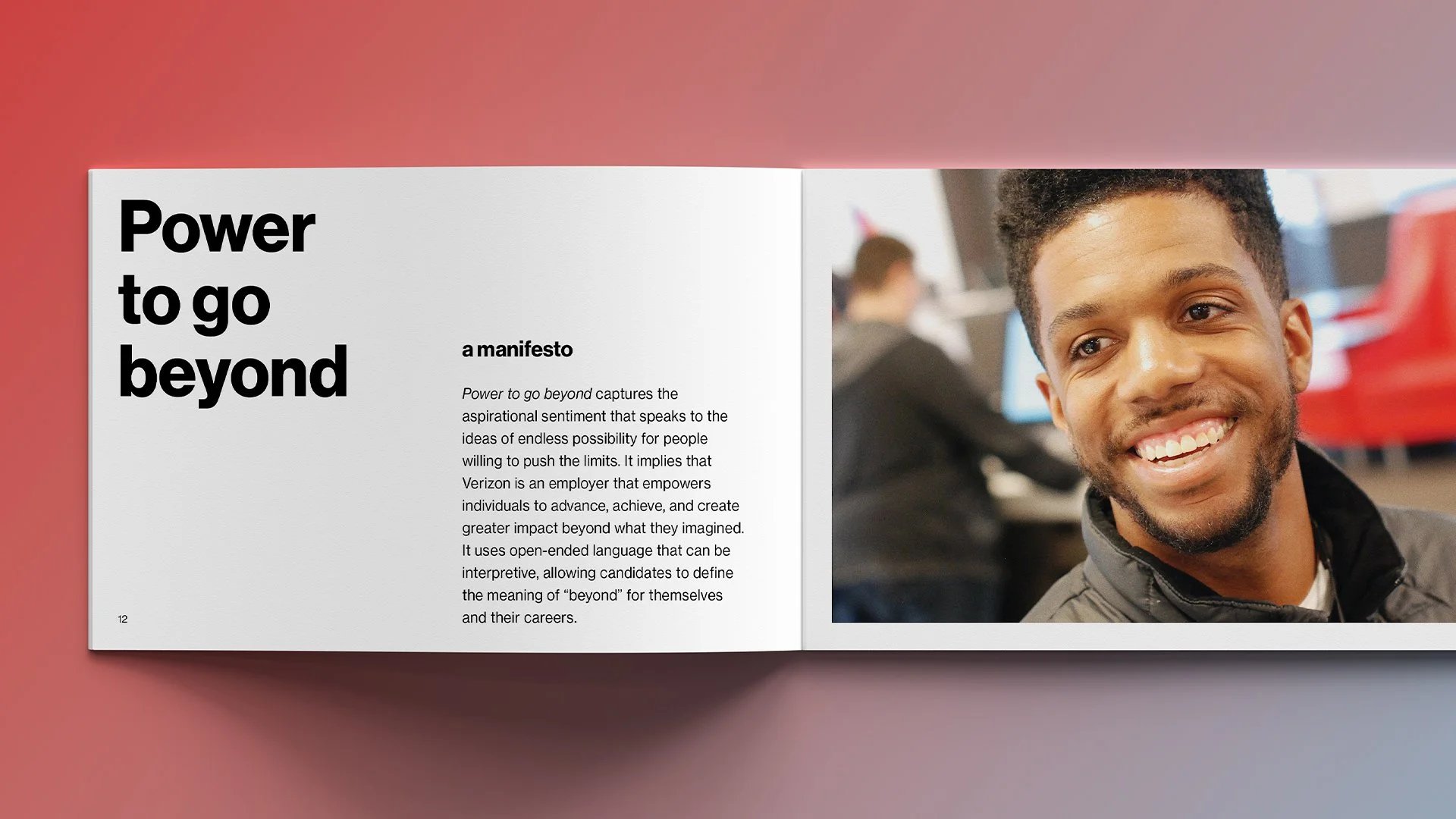 Open magazine spread showing a title 'Power to go beyond' on the left page with explanatory text and the right page featuring a smiling young man with a blurred background.