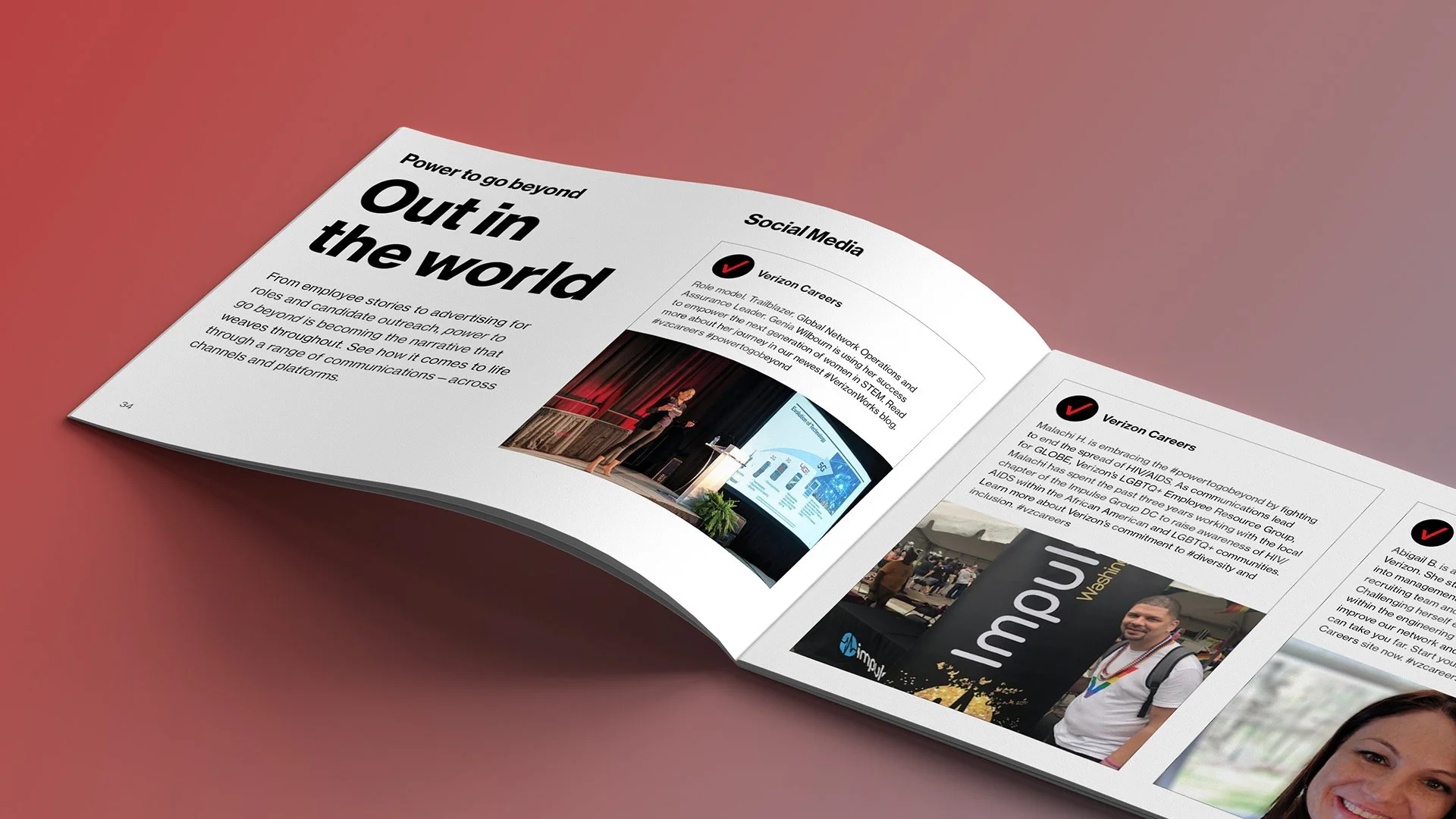 Open magazine or brochure displaying a two-page spread with a large bold headline reading 'Out in the world' and smaller text discussing social media and careers, including images of a woman on stage and a man at an outdoor event.