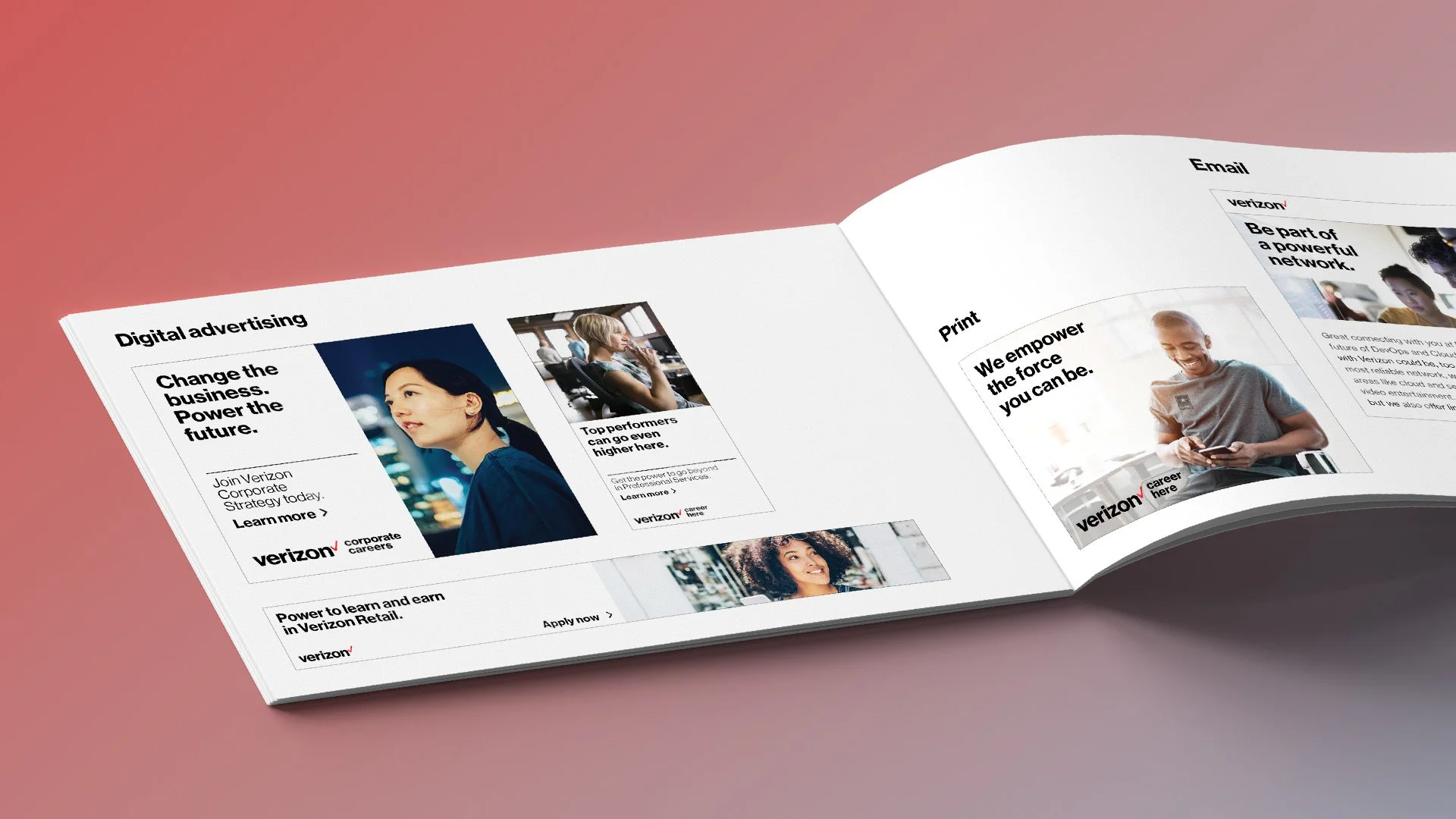 Open Verizon brochure showing advertisements for digital advertising and career opportunities, featuring images of diverse women and text promoting Verizon services and careers.