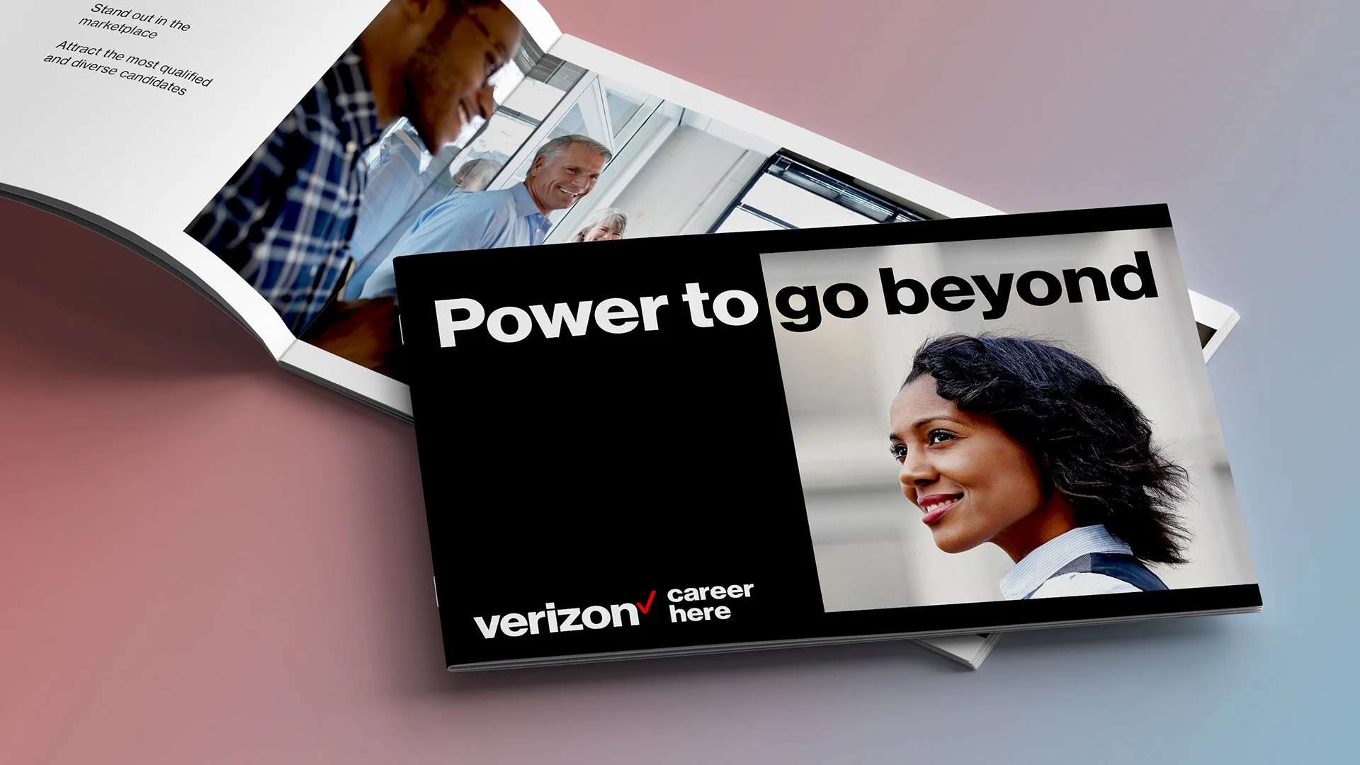 Open brochure featuring a woman with short curly hair and a light blue blazer, with a slogan 'Power to go beyond' and Verizon career advertisement.