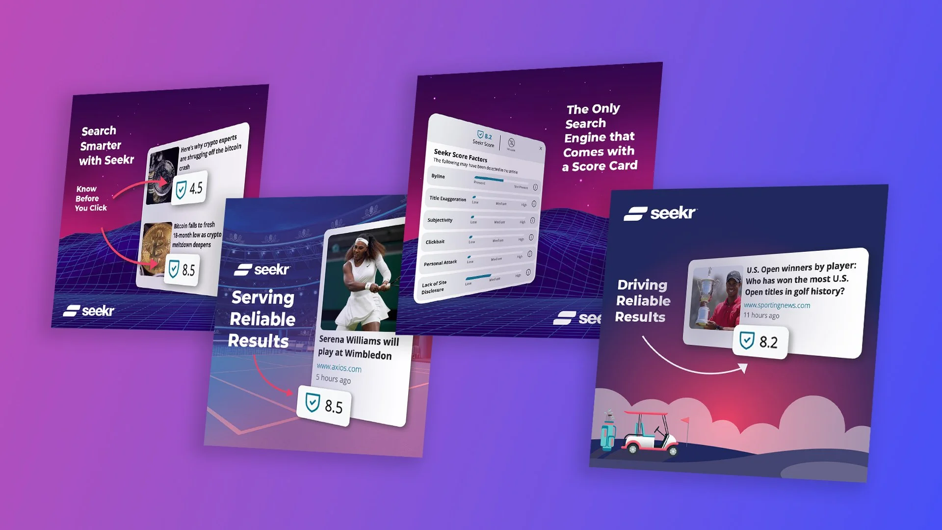 Digital advertisement showcasing Seekr, a search engine with a focus on crypto and news. The image features various screens displaying search ratings, score factors, news headlines, and a picture of Serena Williams, all set against a vibrant purple and pink background with a grid pattern and a golf cart illustration.