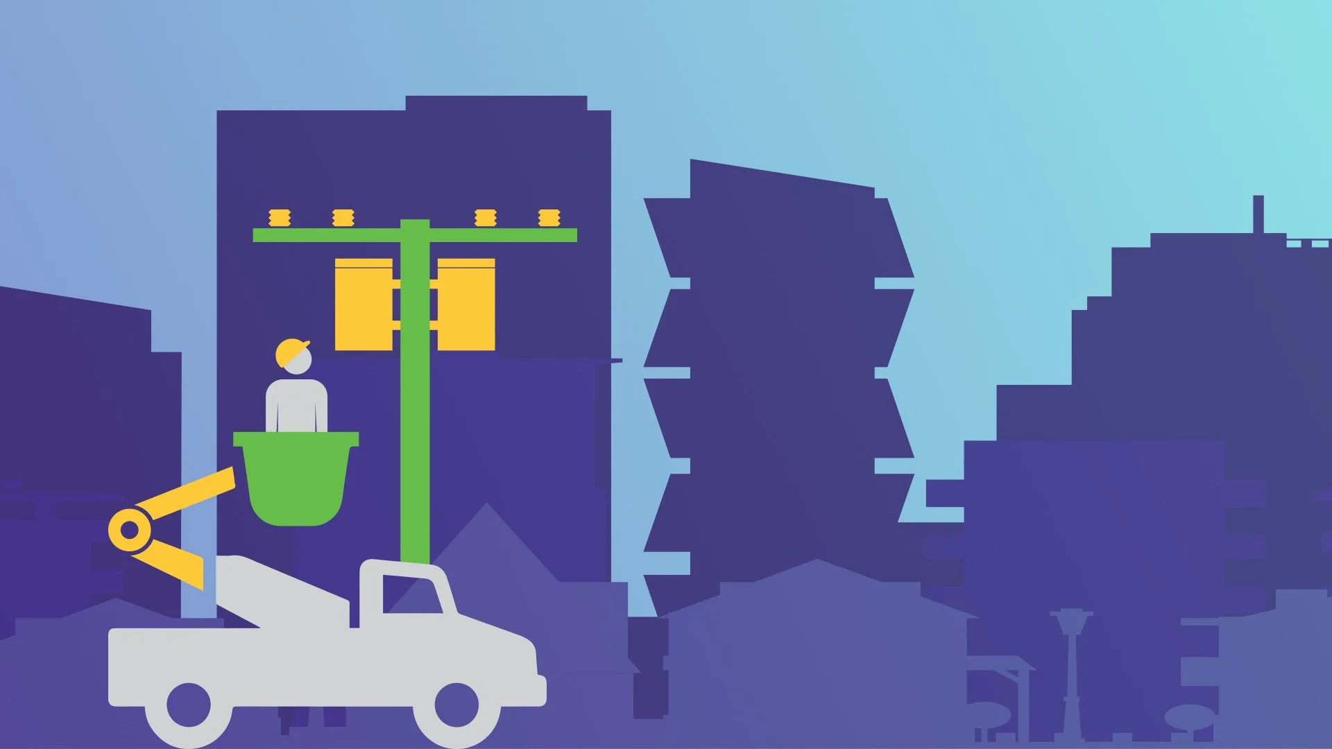 Digital illustration of a cityscape with tall buildings, a hybrid vehicle, a person in a bucket lift, and utility poles. The scene uses shades of blue, green, yellow, and white.