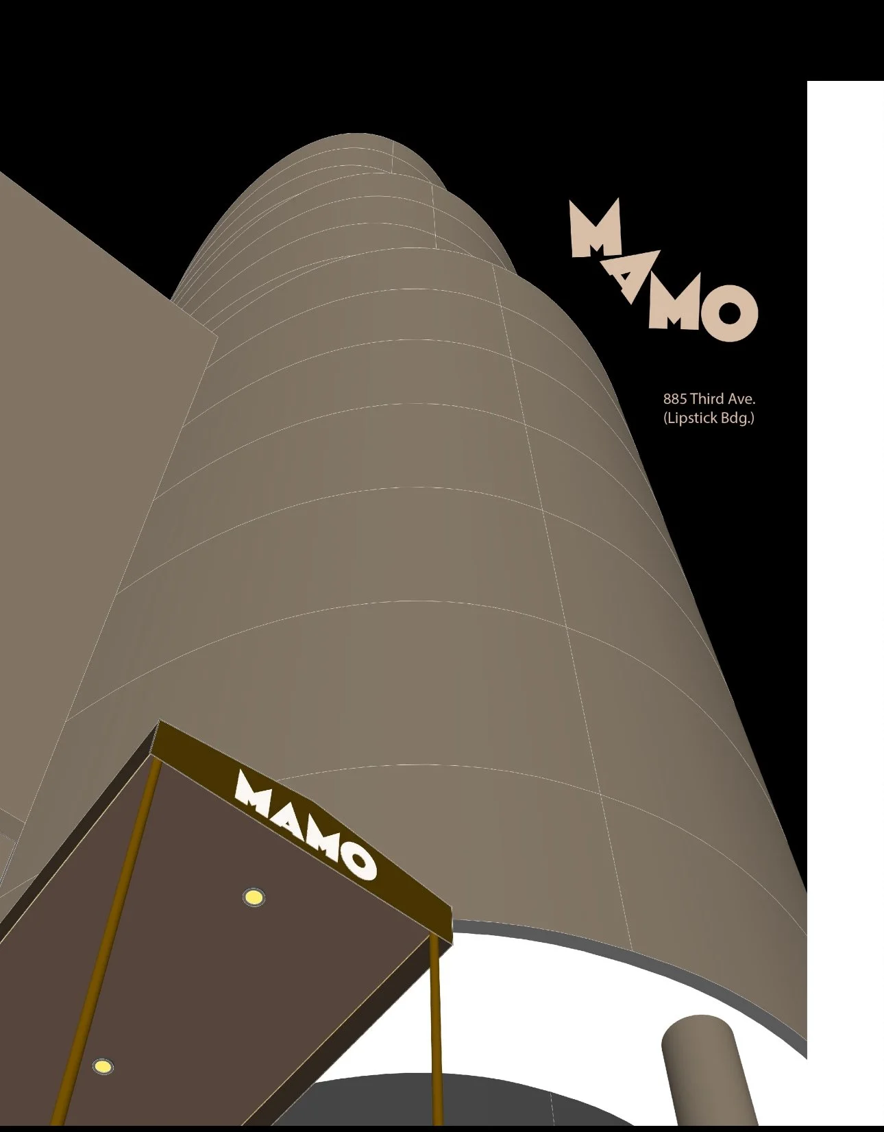 An illustration of Lipstick Building with the awning of MAMO Restaurant bottom left, and MAMO logo and address top right