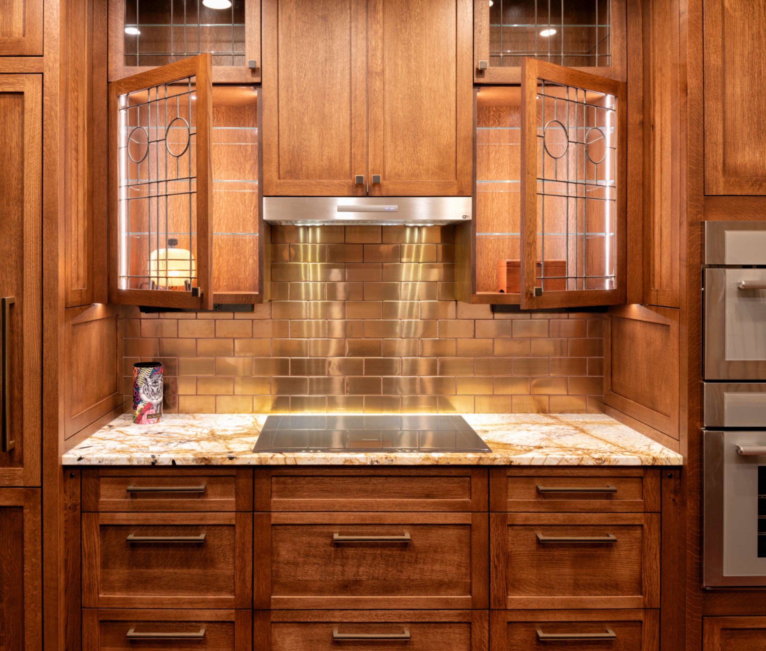 Historic glass kitchen cabinets with built in lighting