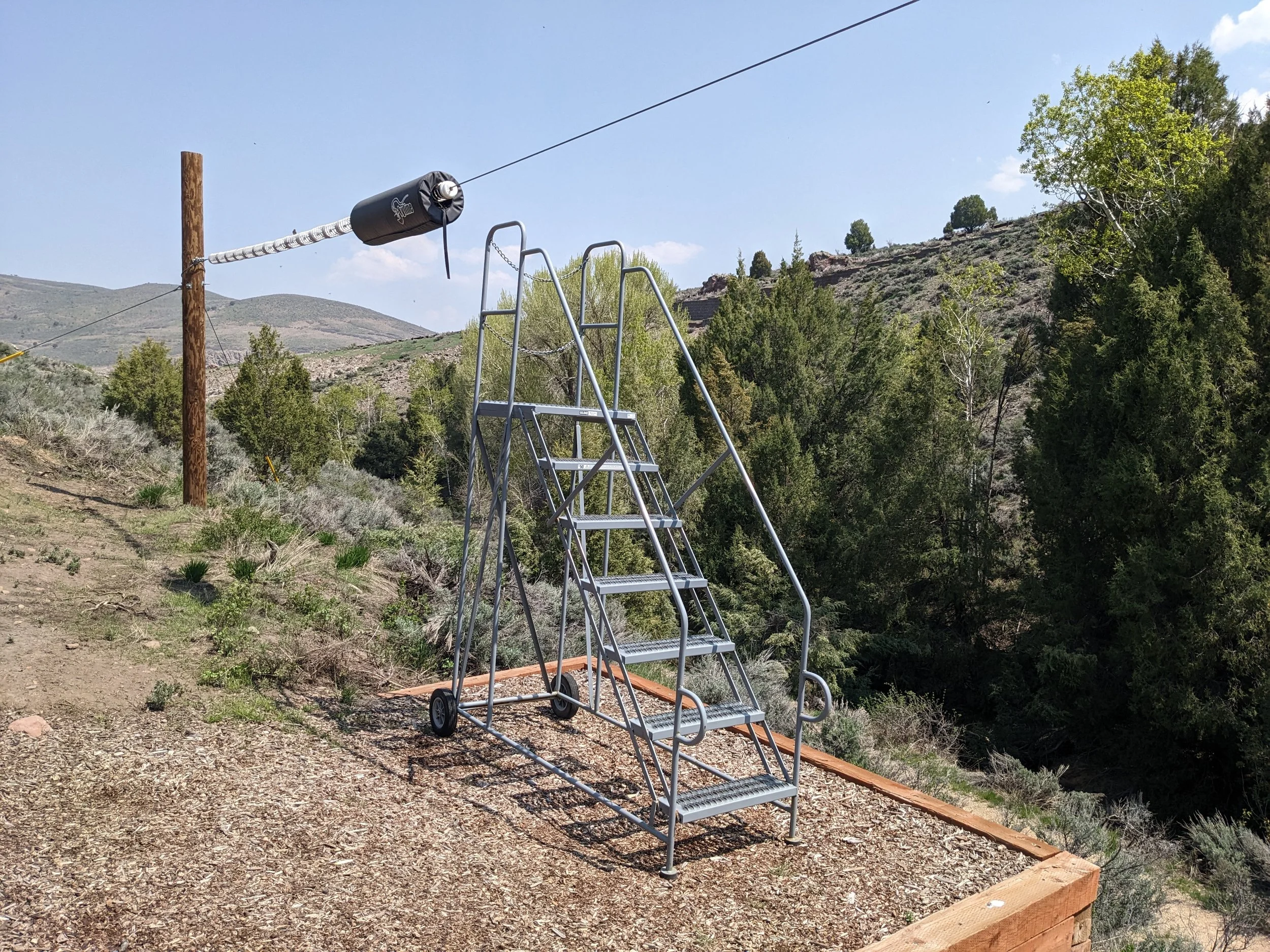 Dismount ladder under zip line cable