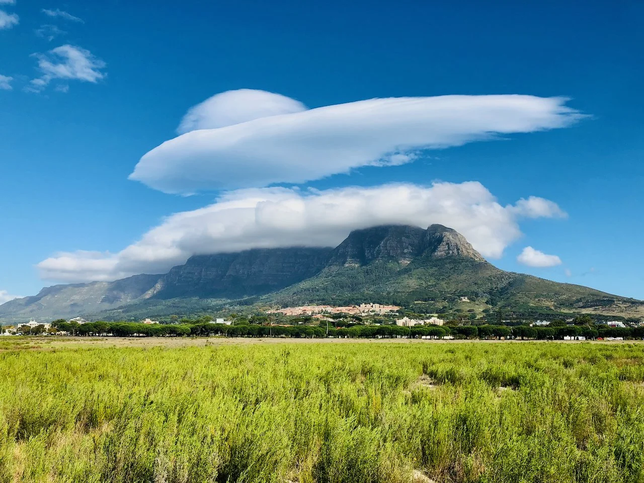 View to Table Mountain with its table cloth rising above the University of Cape Town