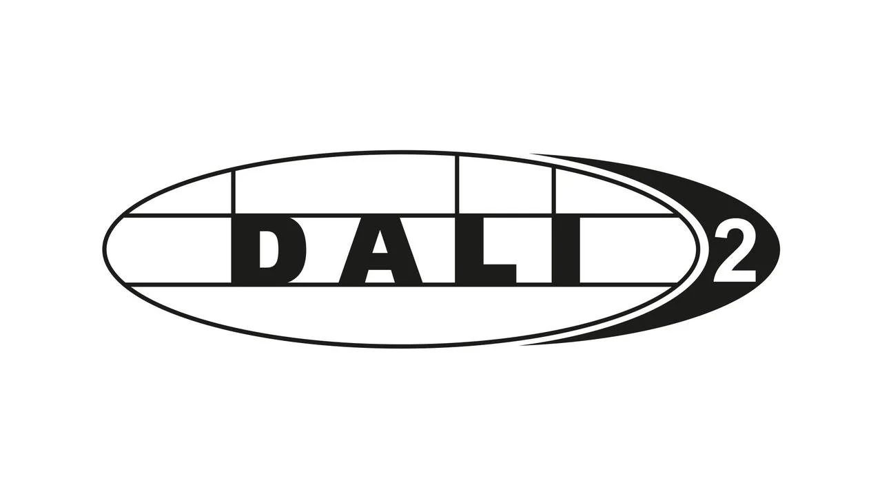 Black and white logo with the word "DALI" inside an oval shape, and the number 2 overlapping on the right side of the oval.