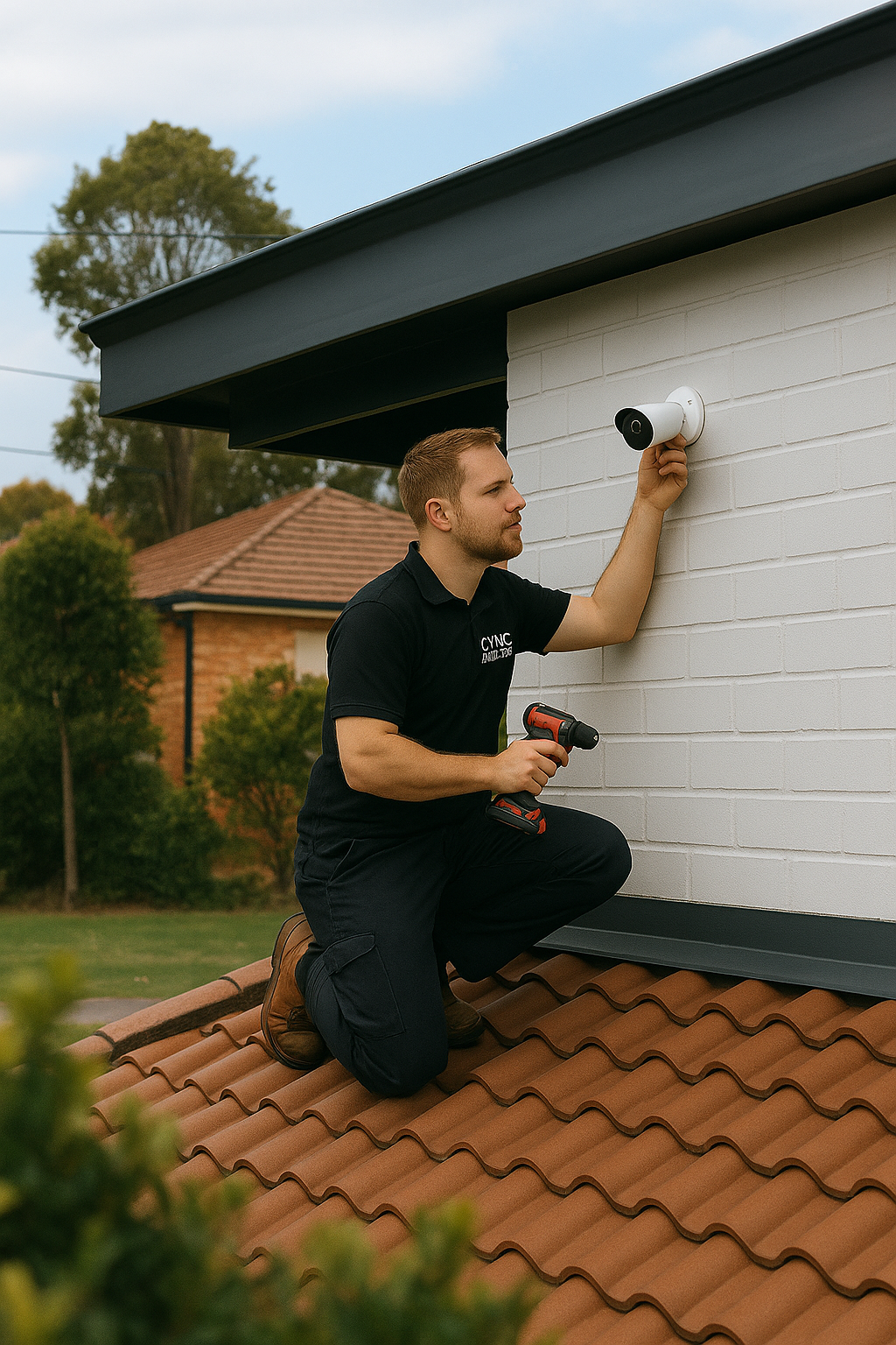A technician installs a security camera on a white brick wall of a house, kneeling on a tiled roof with a cordless drill in hand, with trees and a neighboring house in the background.