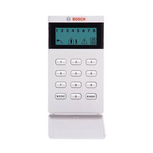 Bosch security alarm keypad with a small display screen showing icons for noise, person, warning, and on/off indicators, and numbered buttons from 1 to 9.