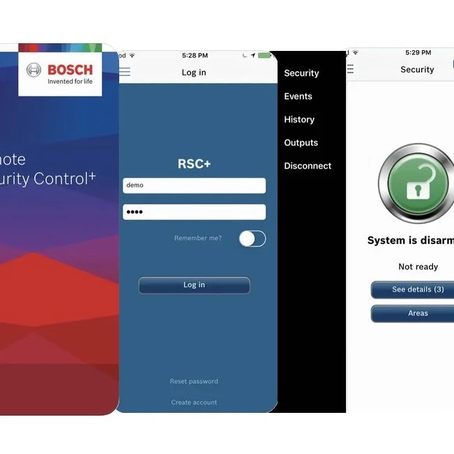 Screenshots of BOSCH security system app interface, showing login screen, security options menu, and system disarm status.