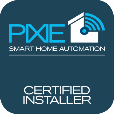 Pixe smart home automation certification badge with a house icon and wireless signal, indicating a certified installer.