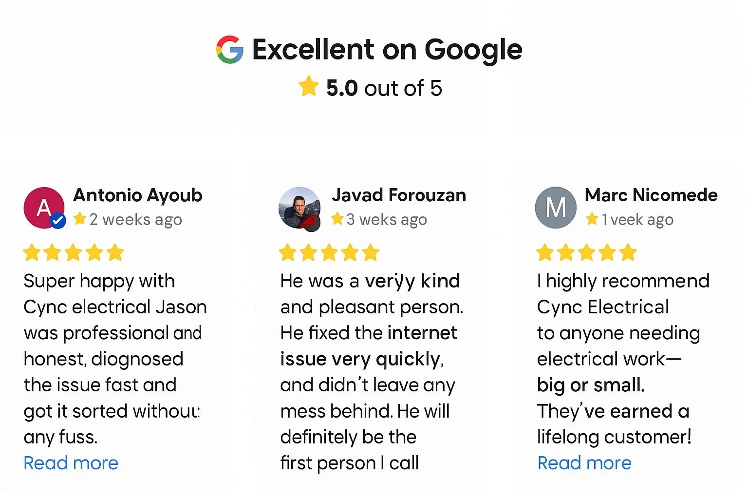 Customer reviews with five-star ratings for a service, displaying names, review dates, and positive comments, including customer photos and a Google rating of five stars.