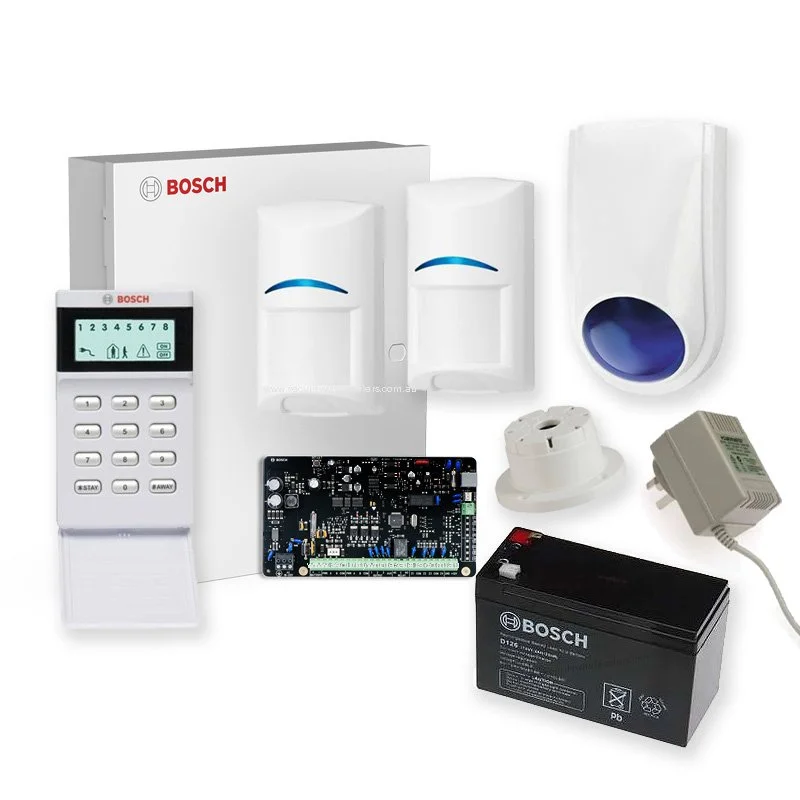 Emergency alarm system with remote control, motion sensors, a siren, a circuit board, a battery, a power adapter, and a control panel.