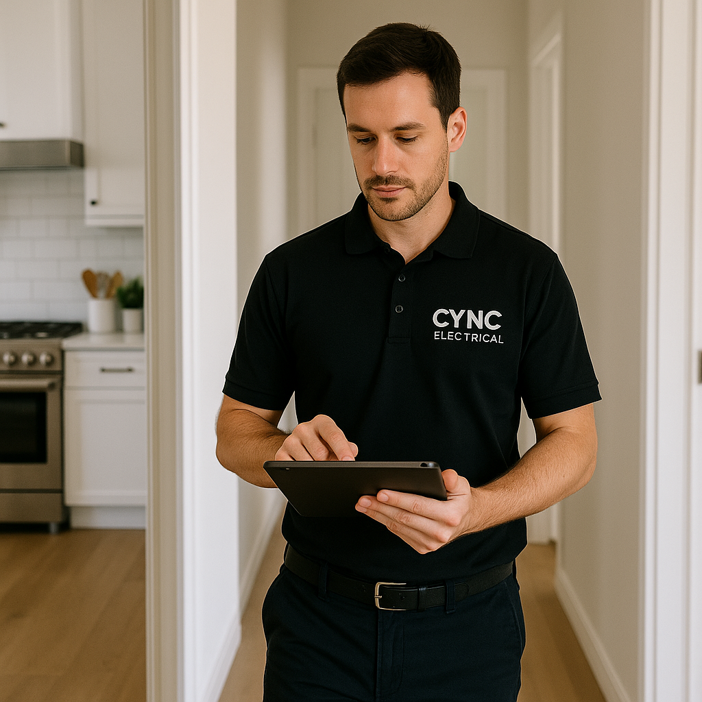 A man wearing a black polo shirt with the words 'CYNC Electrical' is standing in a hallway, looking at a tablet.