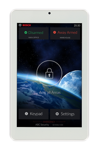 Security alarm control panel with a space-themed display, showing the system is disarmed in the main office and away armed in the warehouse, with options for keypad and settings.